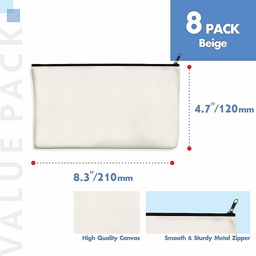 Miniatura 3 de Paquete de 8 bolsas de lona para lápices, bolsas con cremallera para manualidades, bolsas de maquillaje en blanco, bolsas multifuncionales, estuche