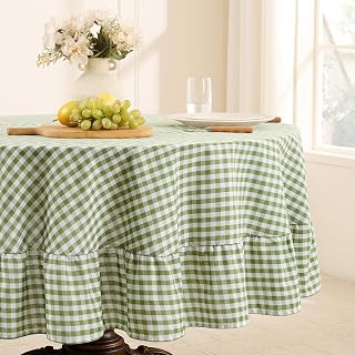 Romanstile Gingham Ruffled Round Tablecloth, 70 Inch, Sage Green