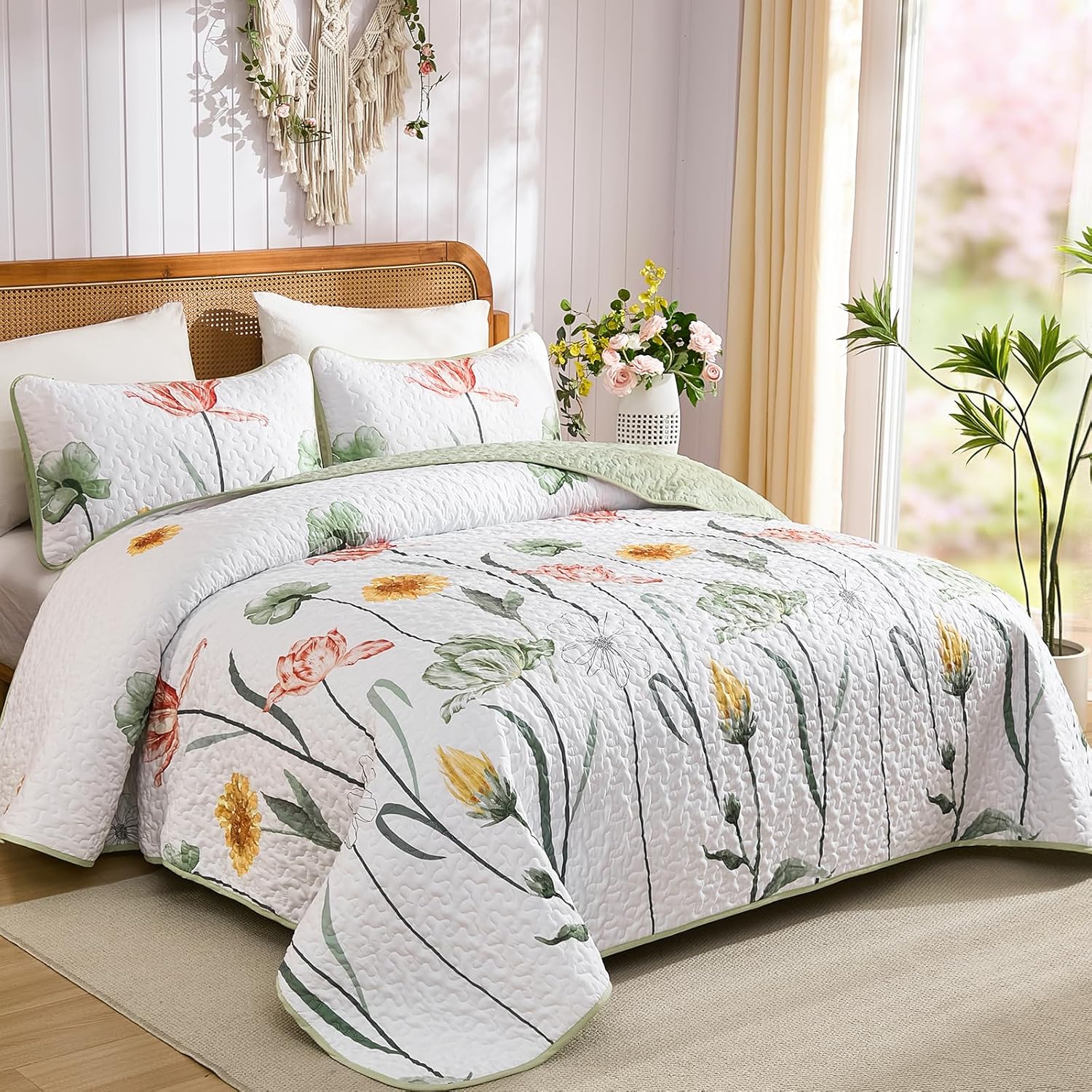 WONGS BEDDING Full Size Floral Quilt Set, Sage Green Bedding