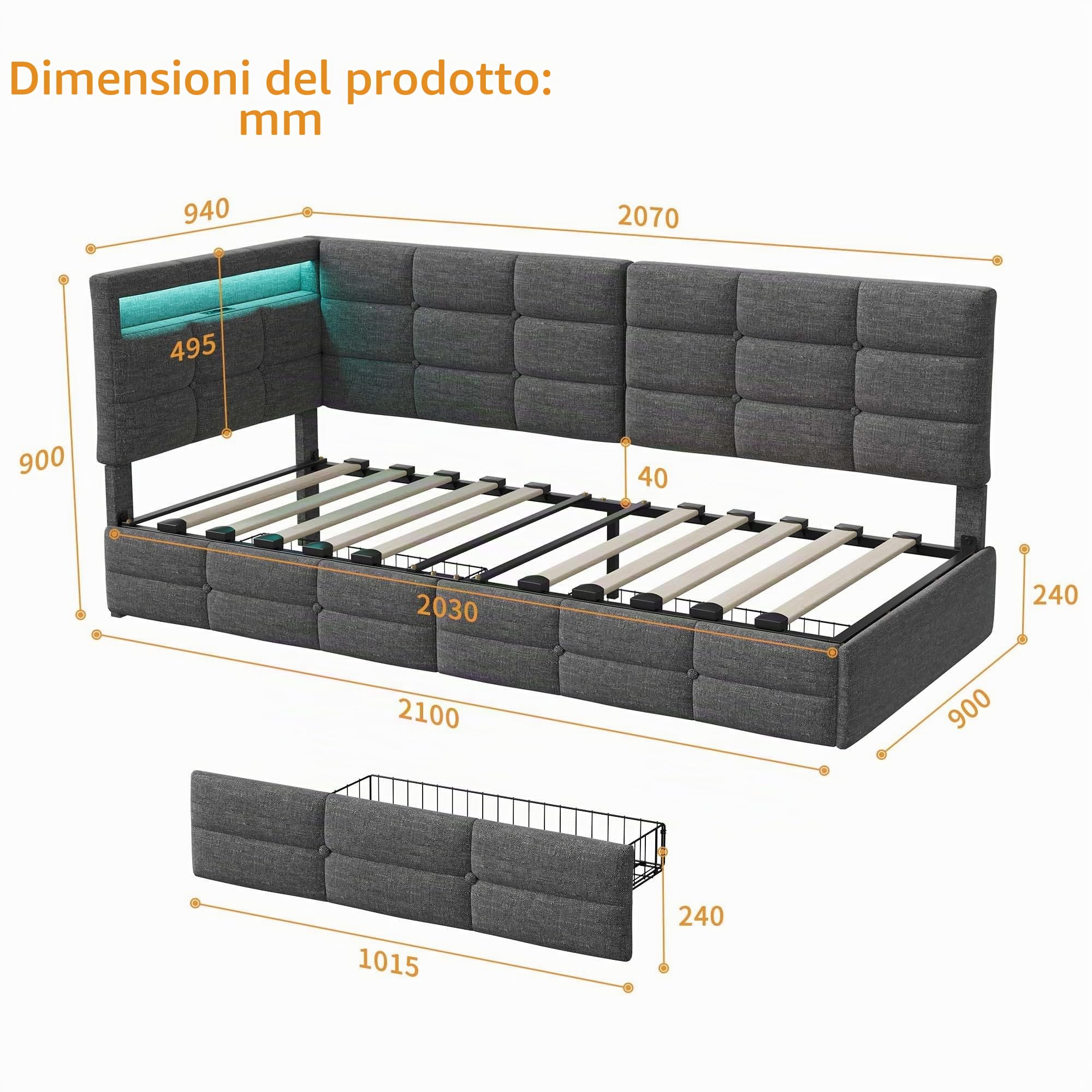 DADEA Letto Singolo 90x200 con 2 Cassetti, Letto 90x200 con USB LED, Letti Singoli Imbottiti con Contenitore Letti Singoli per Adulti con CassettiLetto Cameretta Singolo con Testiera, Nessun Materasso