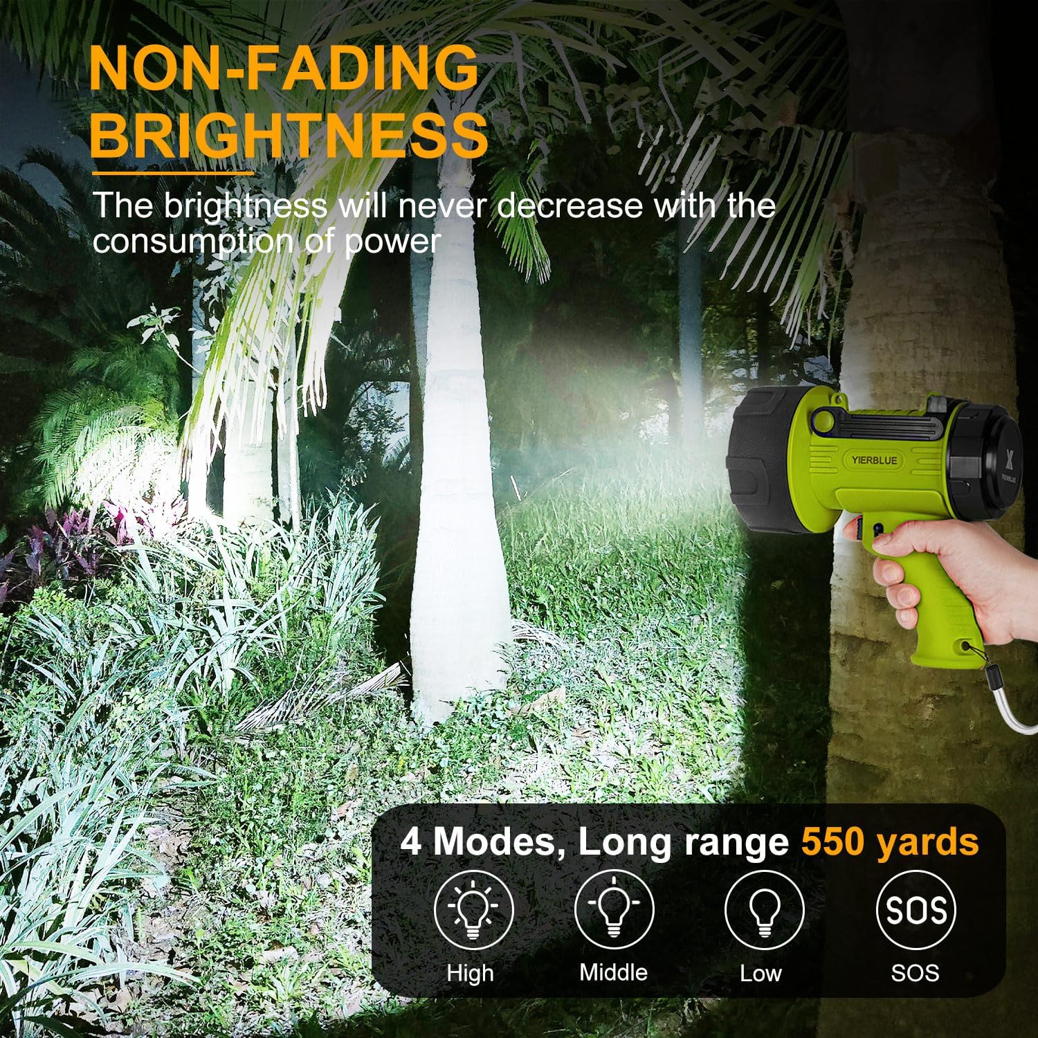 YIERBLUE Rechargeable Spotlight Flashlight with 1000,000 High Lumen LED, IP67 Waterproof Long Running Spot Light searchlight, Impact Resistant Handheld Spotlight with Foldable Stand and Red Lens - Image 2