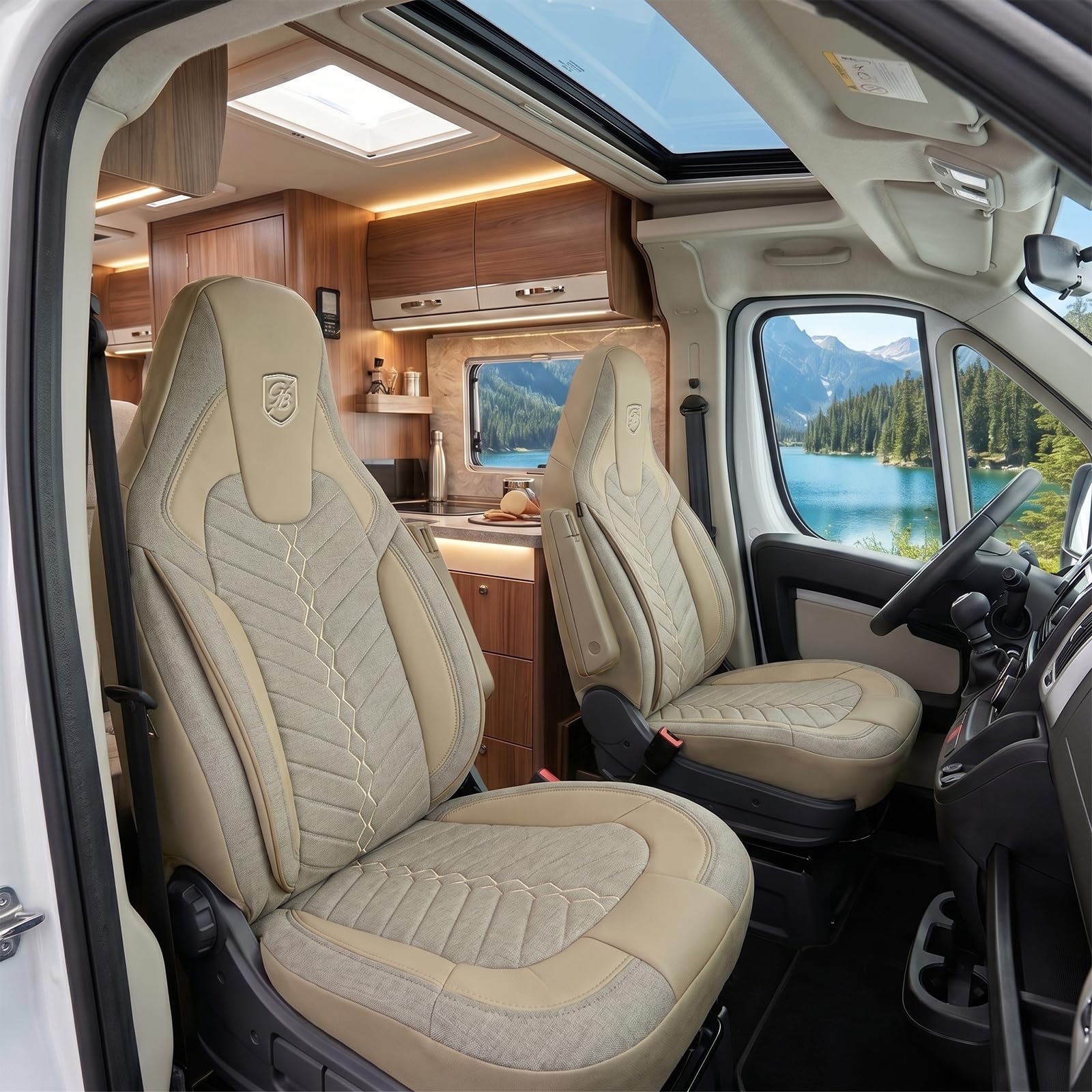 Fundas de Asiento Camper en Lino, compatibles Fiat Ducato, Citroën Jumper, Peugeot Boxer, Asientos Delanteros Conductor & acompañante, Camper & Caravana, Beige