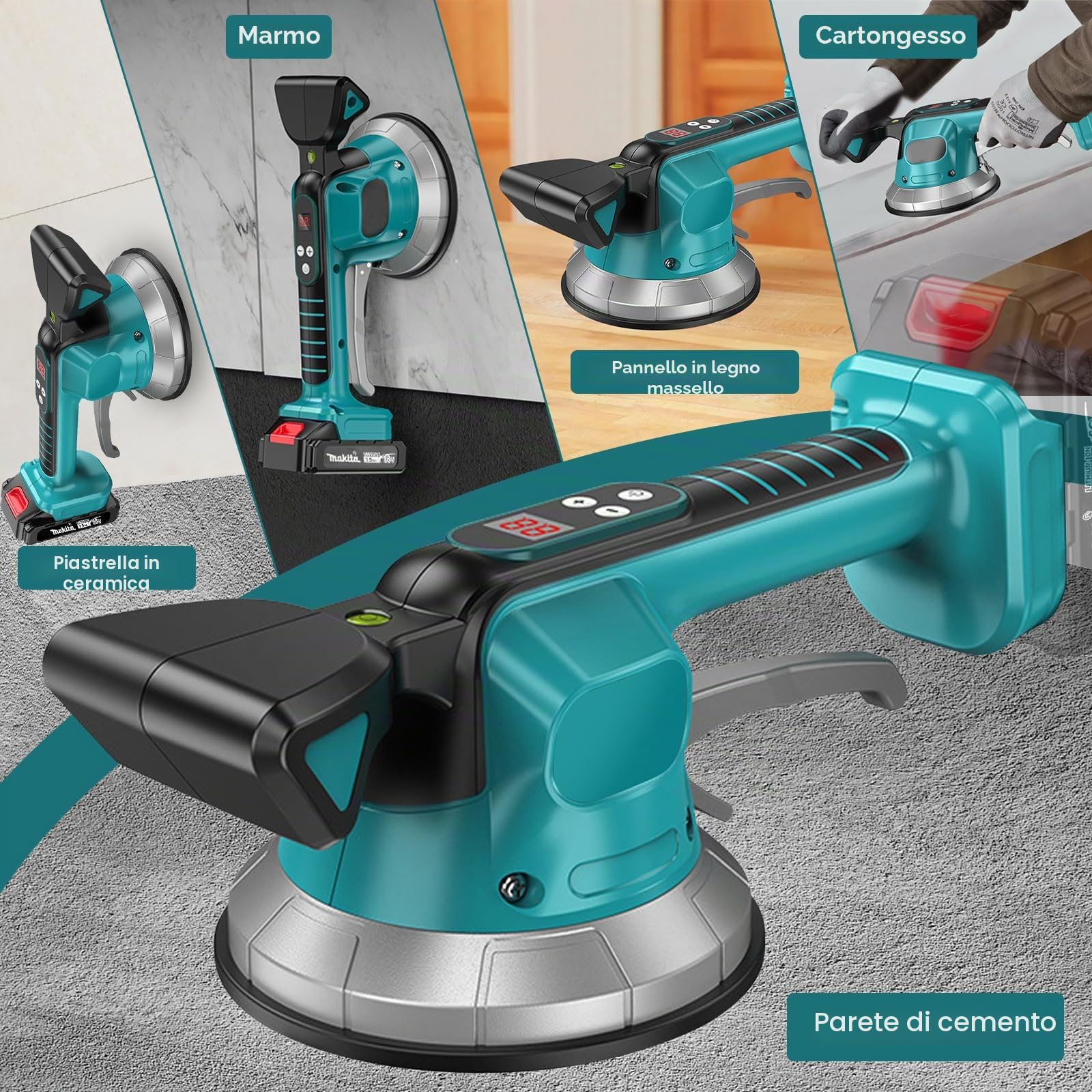 Batteria vibratore per piastrelle, compatibile con batteria Makita da 18 V, strumenti per piastrellista con 10 marce regolabili, ventosa da 14,5 cm e assorbimento da 200 kg per piastrelle da 30 a 240