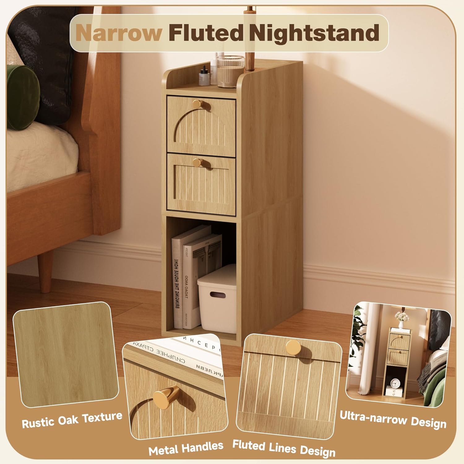 7.87" Narrow Nightstand, Fluted Slim Bedside Table with 2 Drawers, Mid Century Modern Small End Table with Gold Metal Handles, for Bedroom, Living Room & Small Spaces - Natural