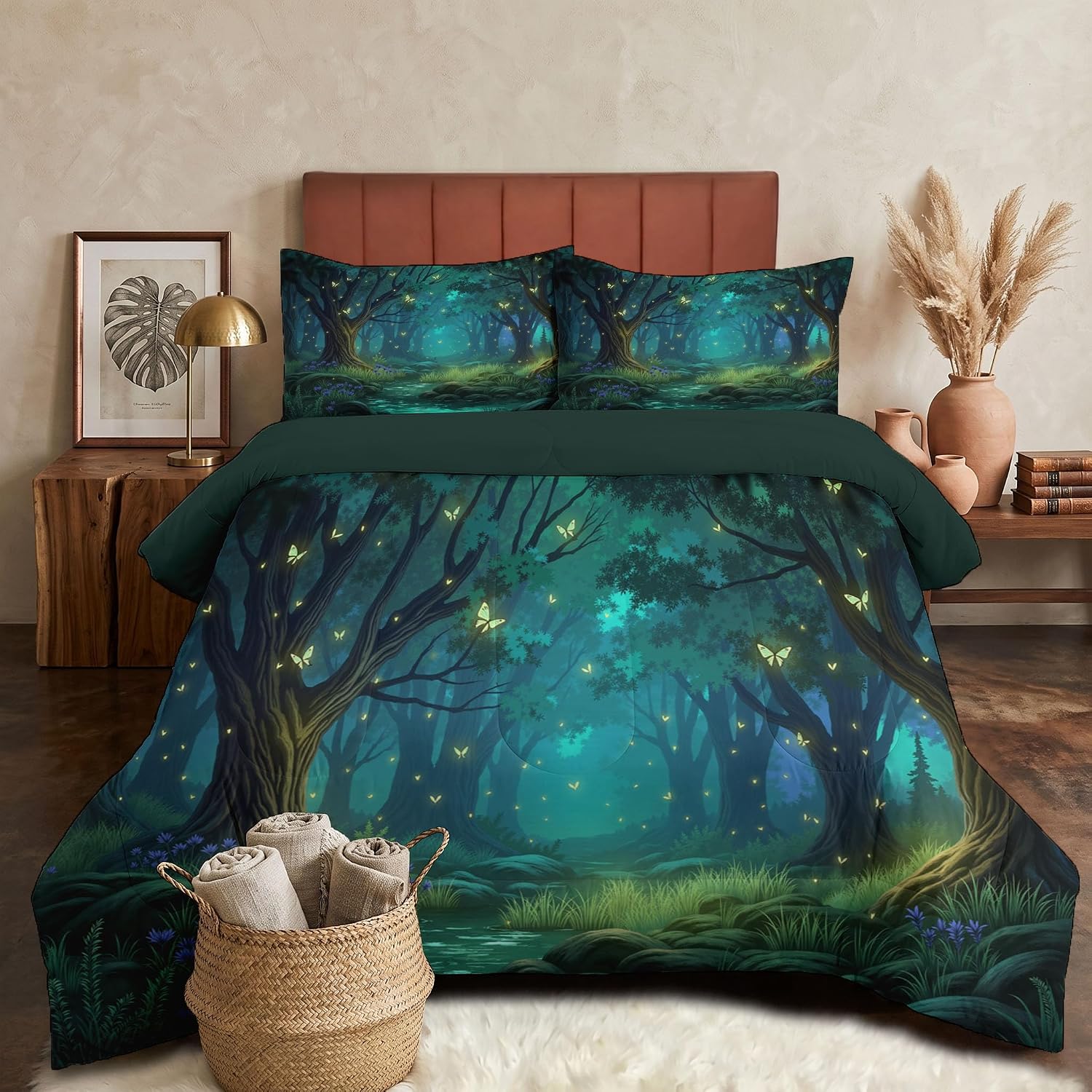 Fairy Tale Style Comforter Set King Size, Magic Forest Bedding Set for Girls Boys, Blue-Green Quilt Bed 104"X90" Bedding Comforter Sets with 2 Pillowcase Room Decor