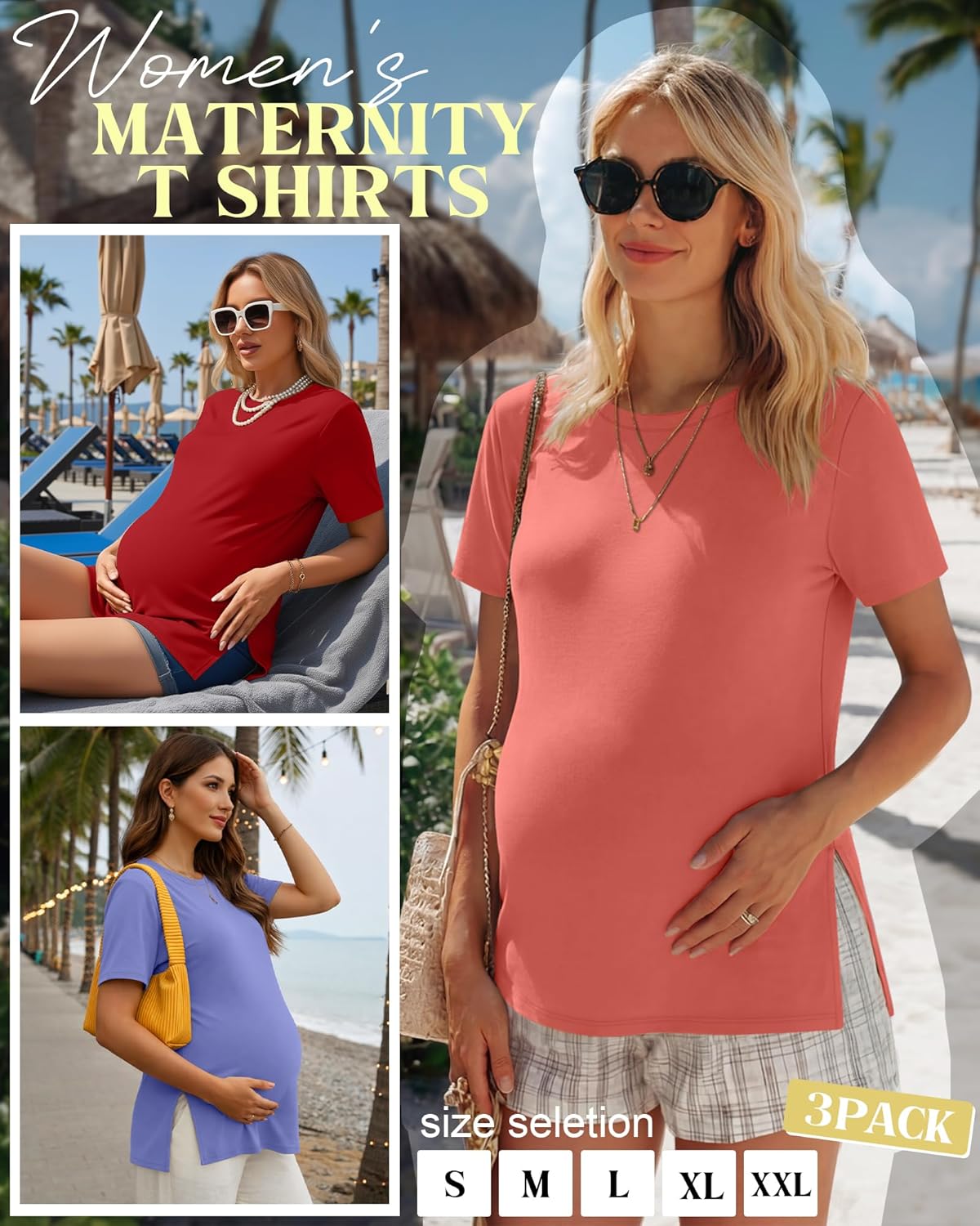 Ficerd 3 Pack Women's Maternity T Shirts, Short Sleeve Side Split Pregnancy Tops Casual Crew Neck Pregnant Tees Mama Clothes - Image 2
