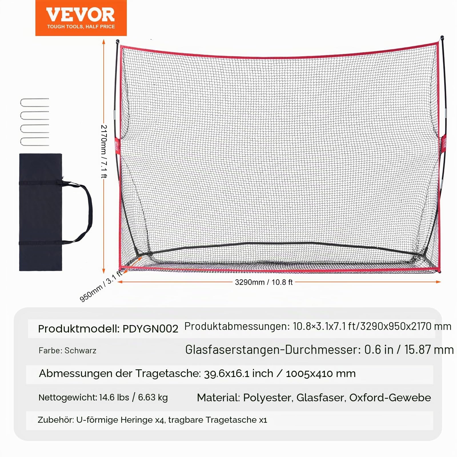 VEVOR Golf-Übungsnetz, riesiges 3,2 x 2,1 m großes Golfnetz, persönliche Driving Range für den Innen- und Außenbereich, tragbares Golf-Hilfsnetz für zu Hause mit stabilem Fiberglasrahmen und Tragetasc