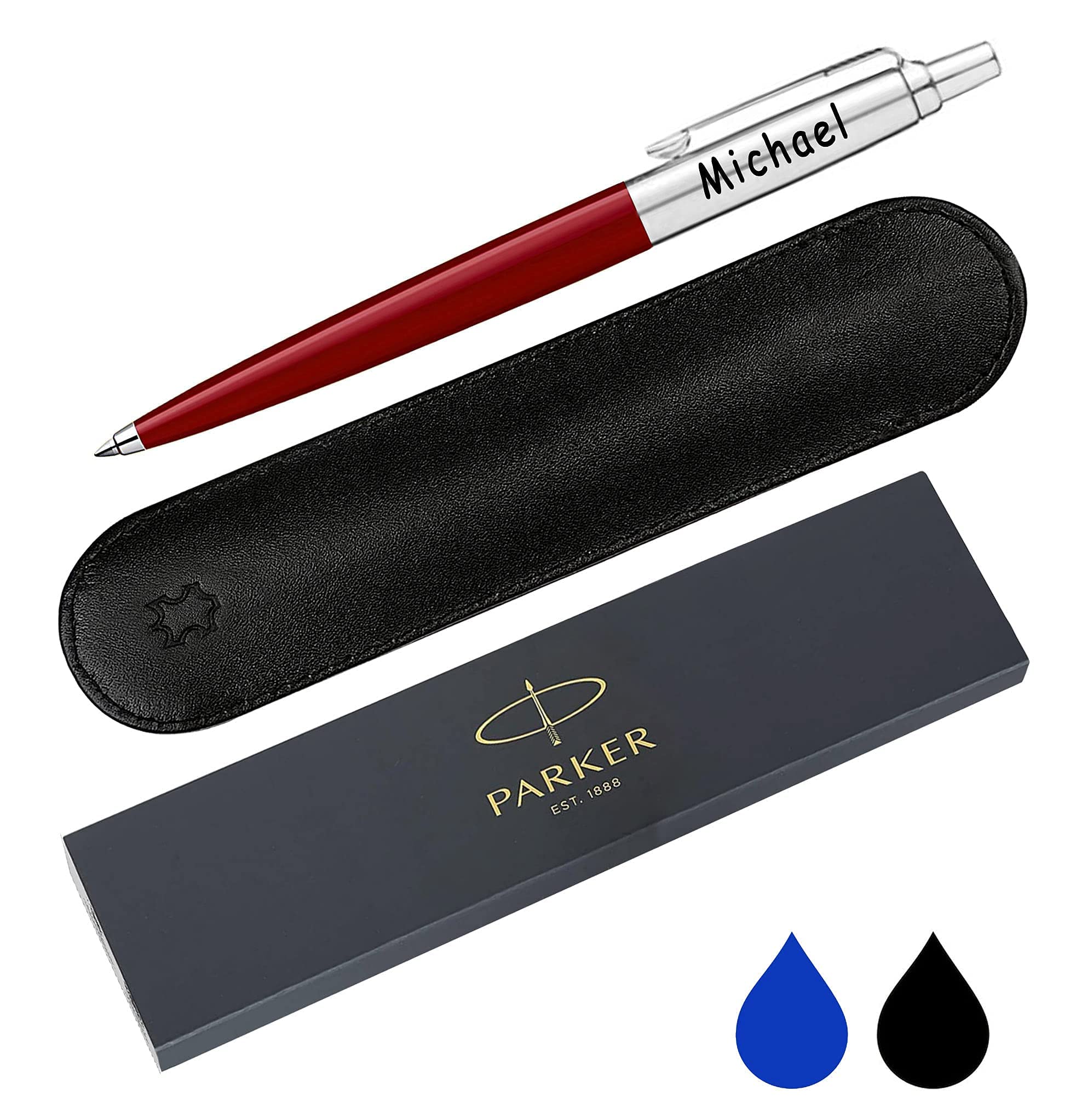 PARKER Personalised Engraved Jotter Ballpoint Pen with Genuine Leather Pouch in 15 Colours - Choice of Blue or Black Ink, Gift, Jotter, Gifts For Teachers, Red, 128.4mm x 9.7mm