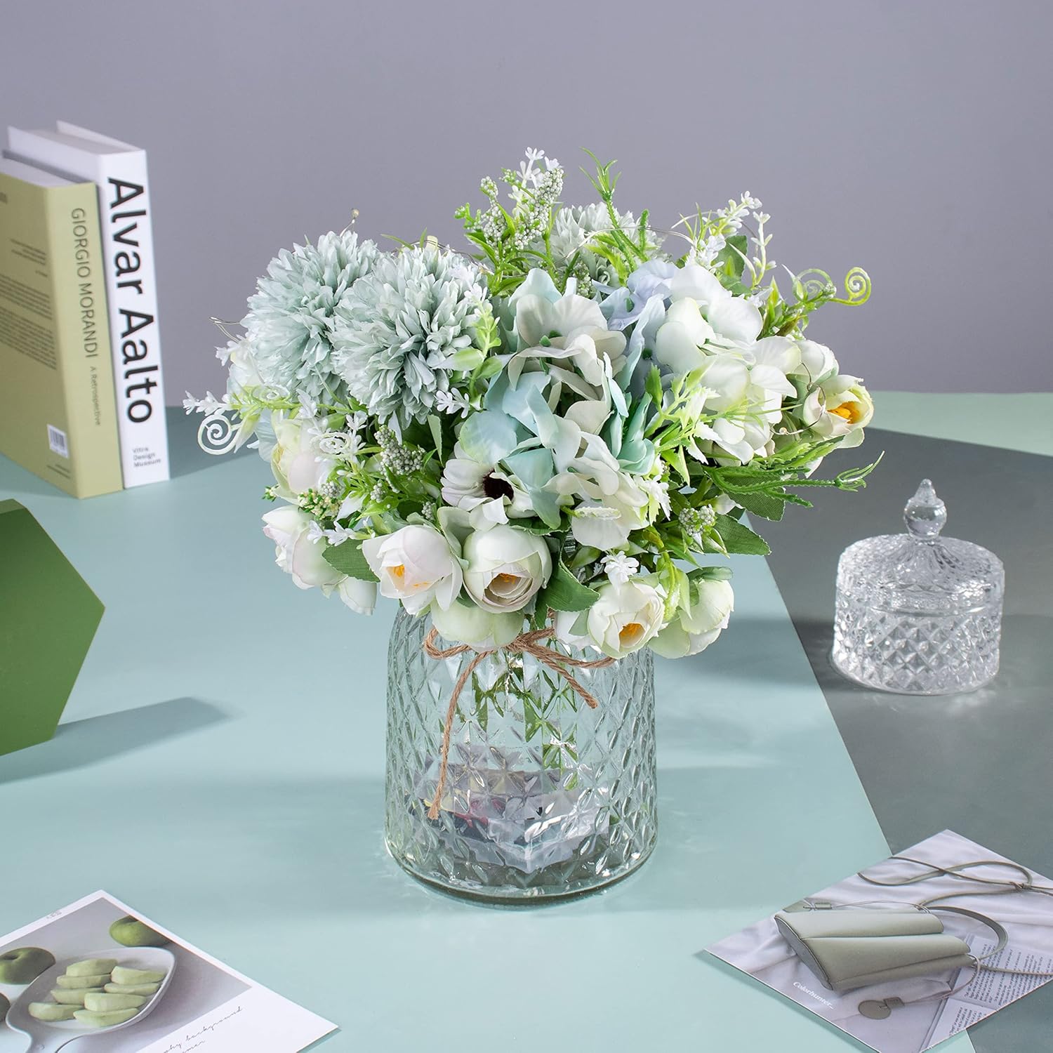 Artificial LED Green Rose Flowers with Glass Vase, Remote Control Led Light, Flower Arrangement for Table Centerpiece, Home Office Wedding Decoration - Image 2