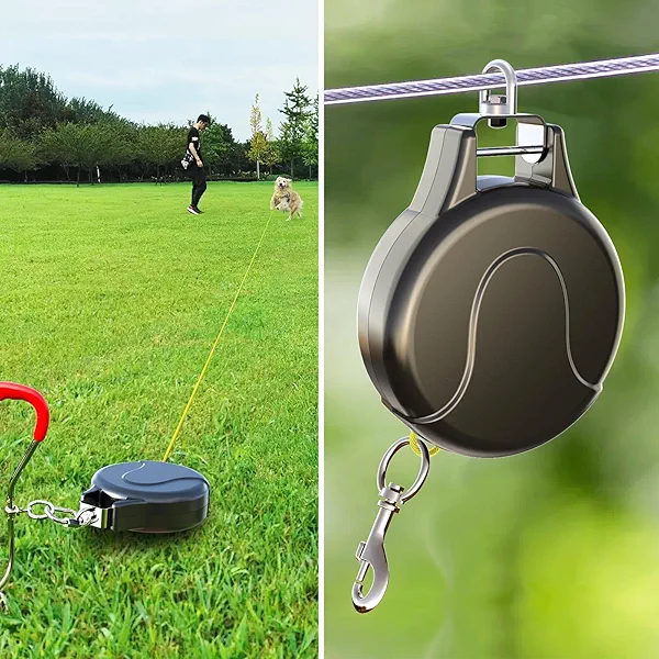 30ft Retractable Dog Leash, 2-in-1 Retractable Dog Lead for Zipline, Aerial Run Cable Trolley Or Stake Anchor, No Tangle Lead Reel for Camping Or Yard (1 Pack- Black)