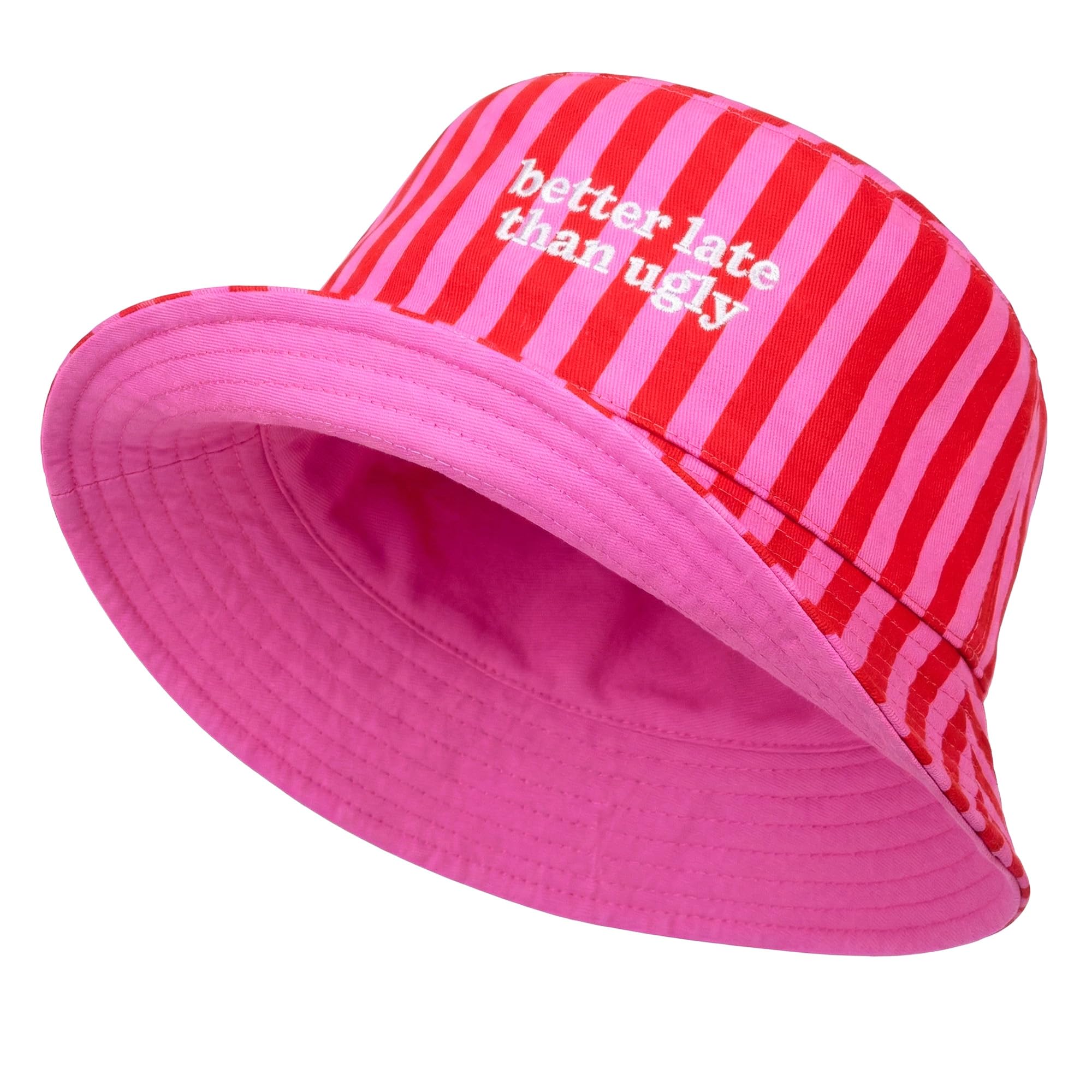 Fisura Unisex Better Late, Pink - Reversible Bucket Hat “Better Late Than Ugly” – Pink & Striped Summer Fisherman Hat, Funny Beach Sun Hat For Women, Casual Festival Outdoor Hat
