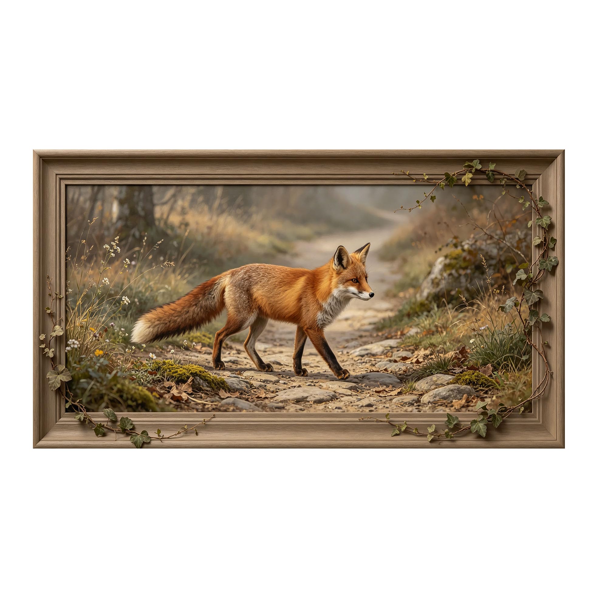 Murasolite 3D 3D Framed Wall Art 50cm×90cm Autumn Woodland Fox Realistic Oil Painting SelfAdhesive Fabric Mural Wall Decor, Peel and Stick No Damage to Wall for Bedroom Living Room