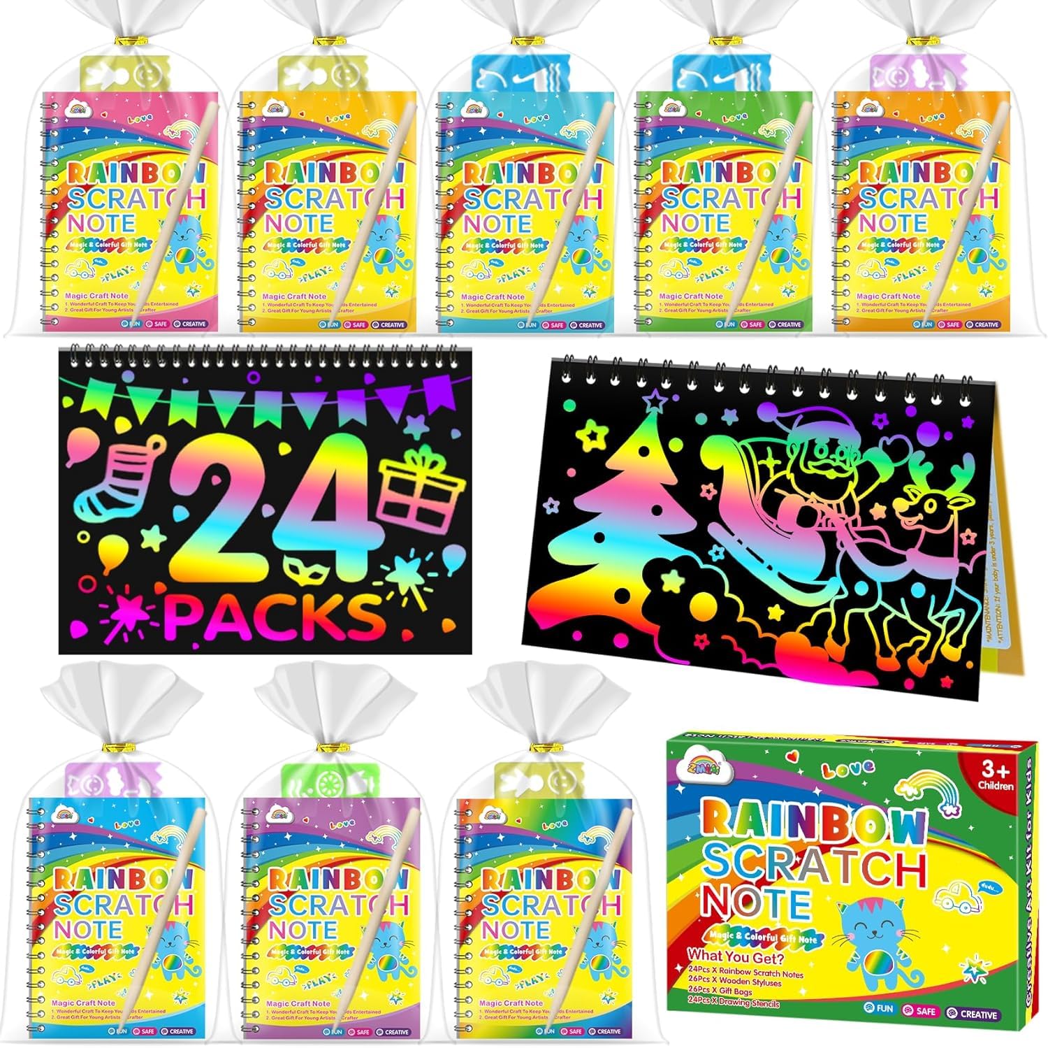 ZMLM 24 Libros Scratch Art para Niños, Regalo Creativo Dibujar de Rascar Kit con 26 Lápices de Madera, 24 Plantillas de Dibujo para Los Niños de 3-12 Años Arco Lris Fiesta Favores Christmas Birthday
