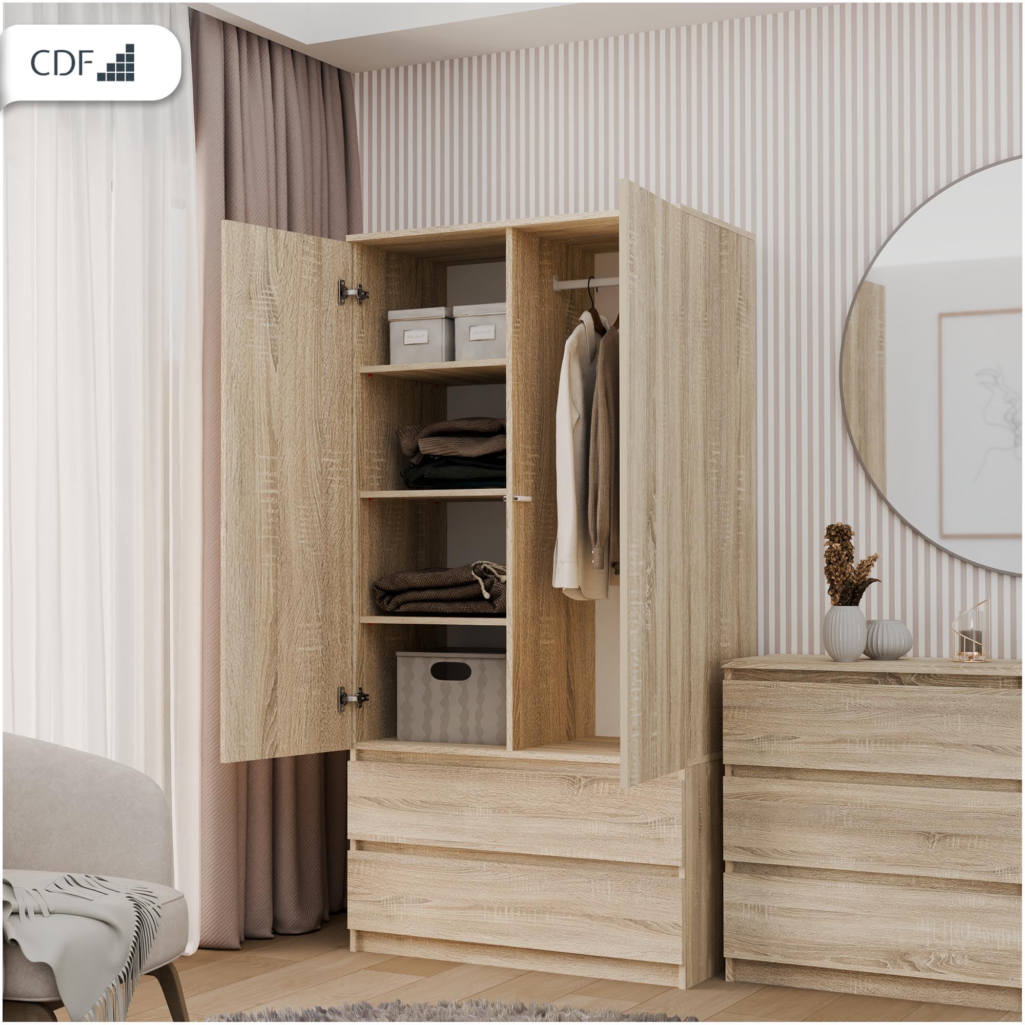 CDF Armadio Camera da Letto 90 cm 2 Ante 2 Cassetti Rovere Sonoma