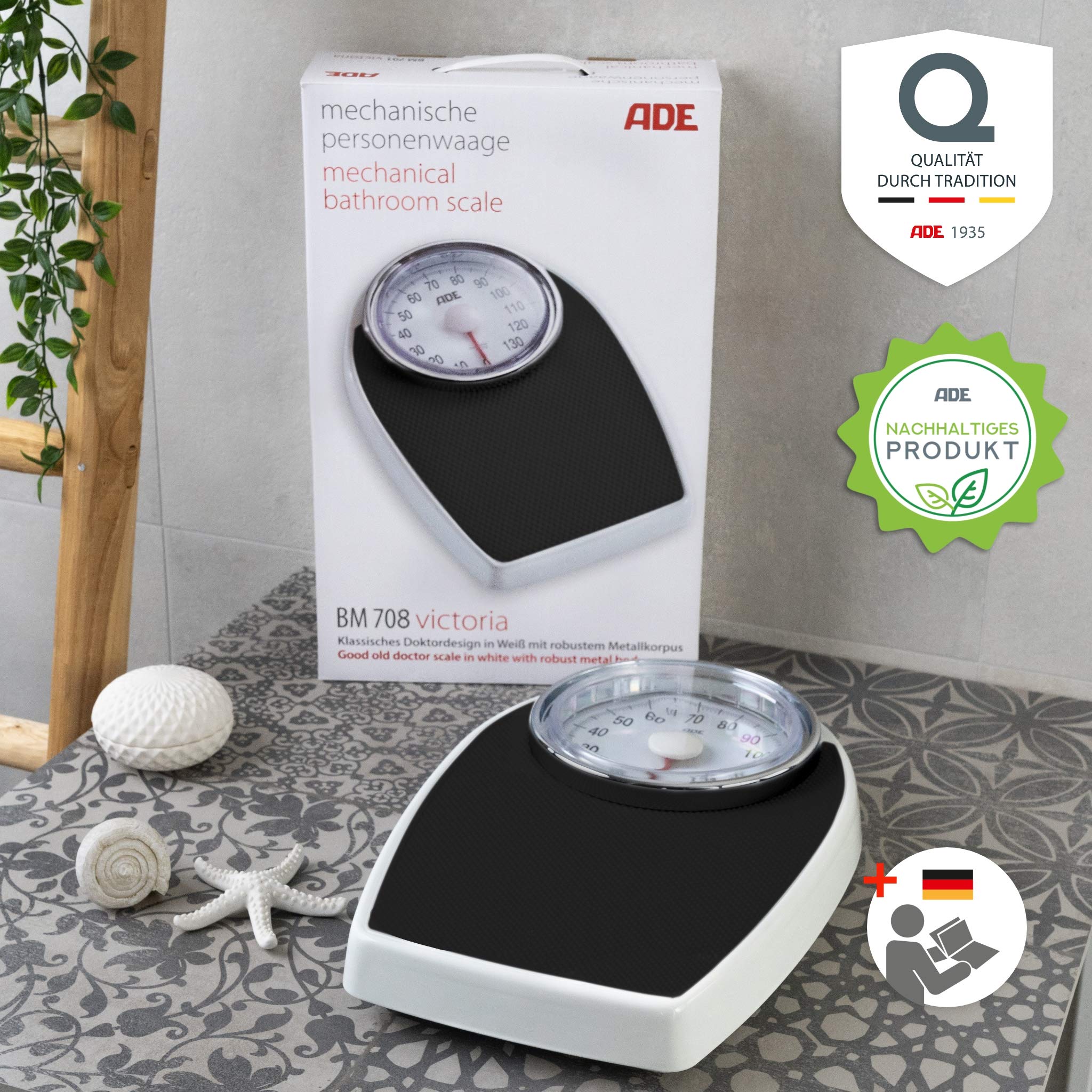 ADE Analogowa waga osobowa retro, antypoślizgowa, duży wyświetlacz, do 136 kg, czarna