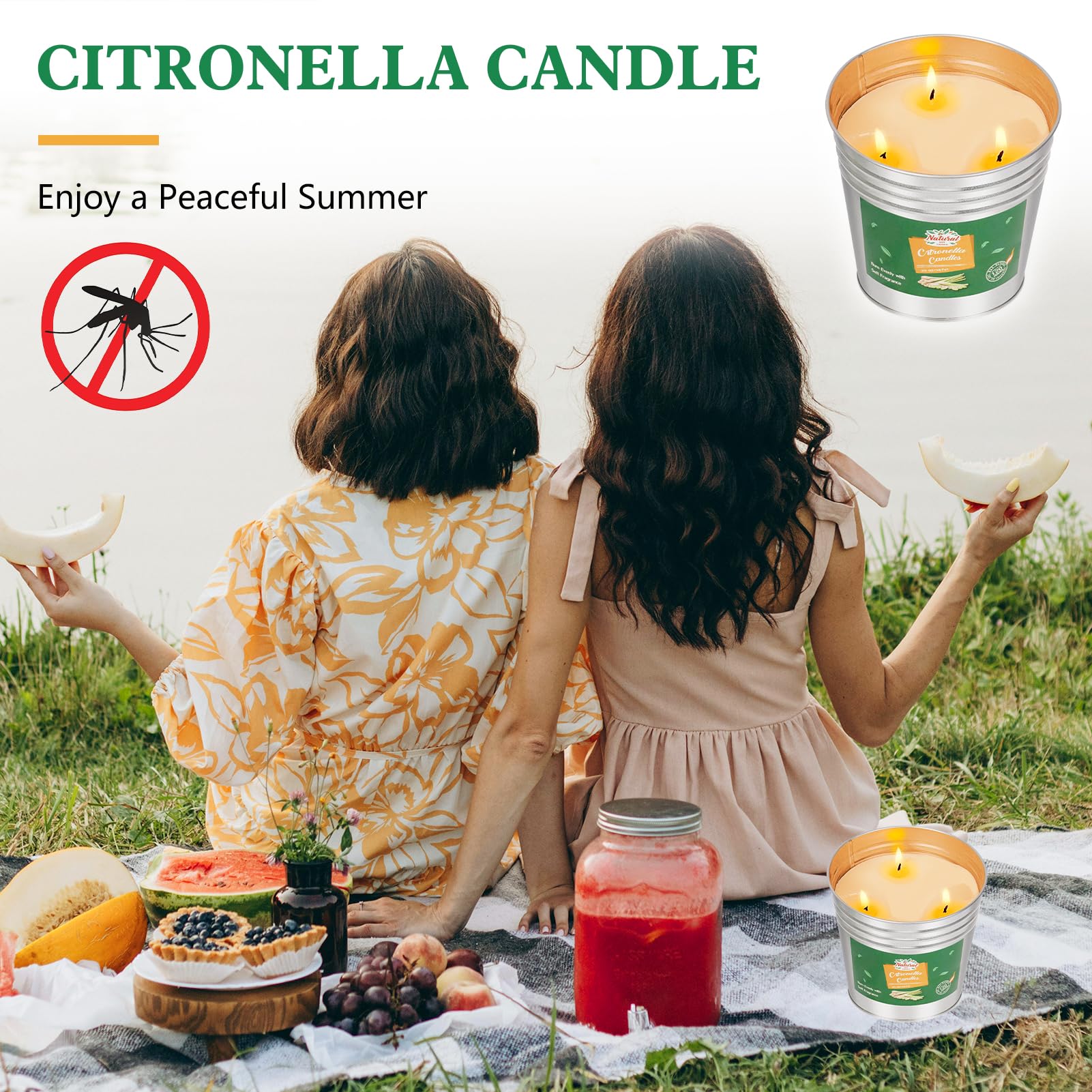 Candela alla citronella per esterni, grande, 2 candele al limone, con estintore, cera di soia naturale, per giardino, campeggio, barbecue, vacanze, regalo estivo, durata 200-220H