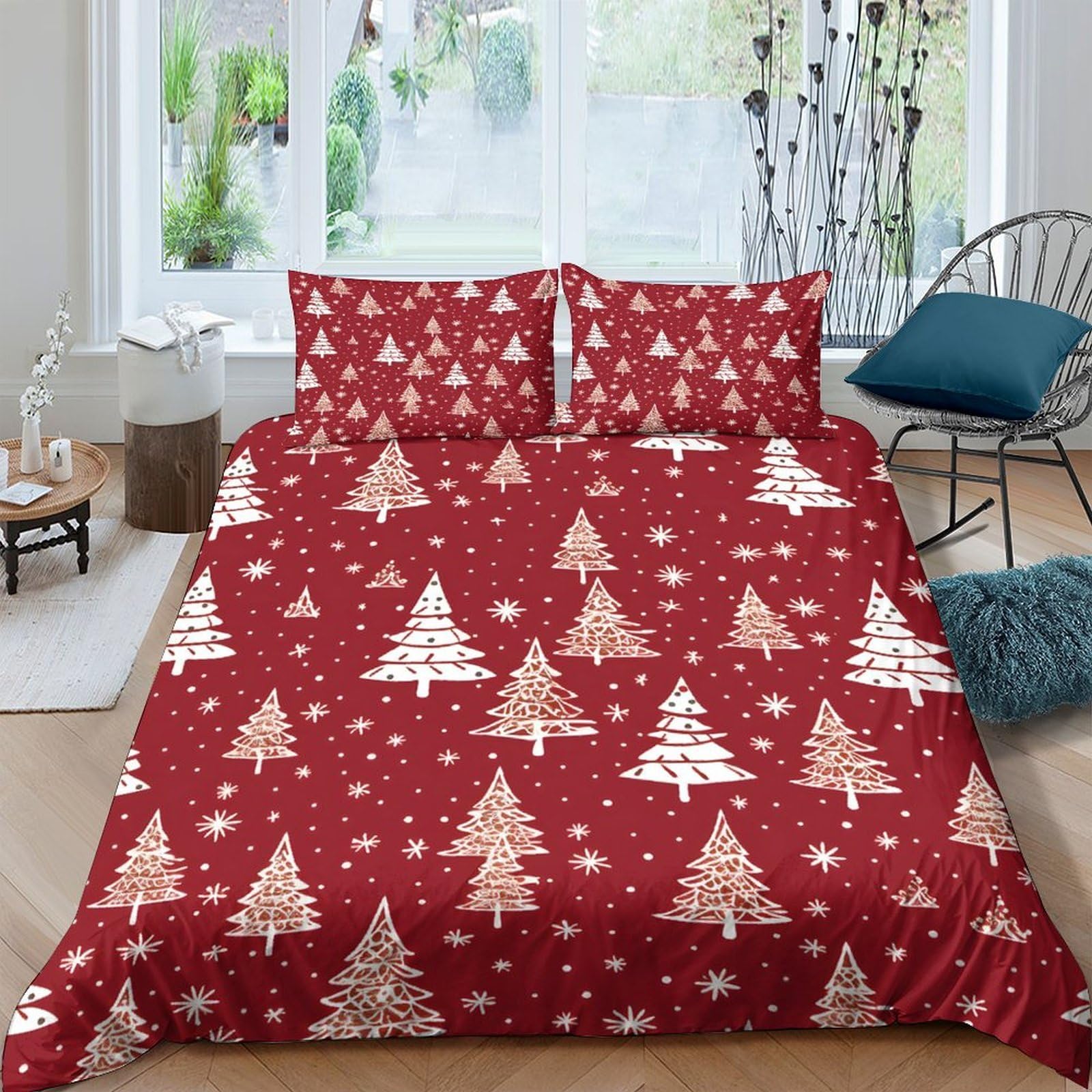 Ctjqhvkz Style-3 3D Printed Christmas Tree Fitted Sheet Microfiber Red Snowflake Bed Cover Anti-Slip Machine Washable Decor For Bedroom Guest Room Single（135X200cm）