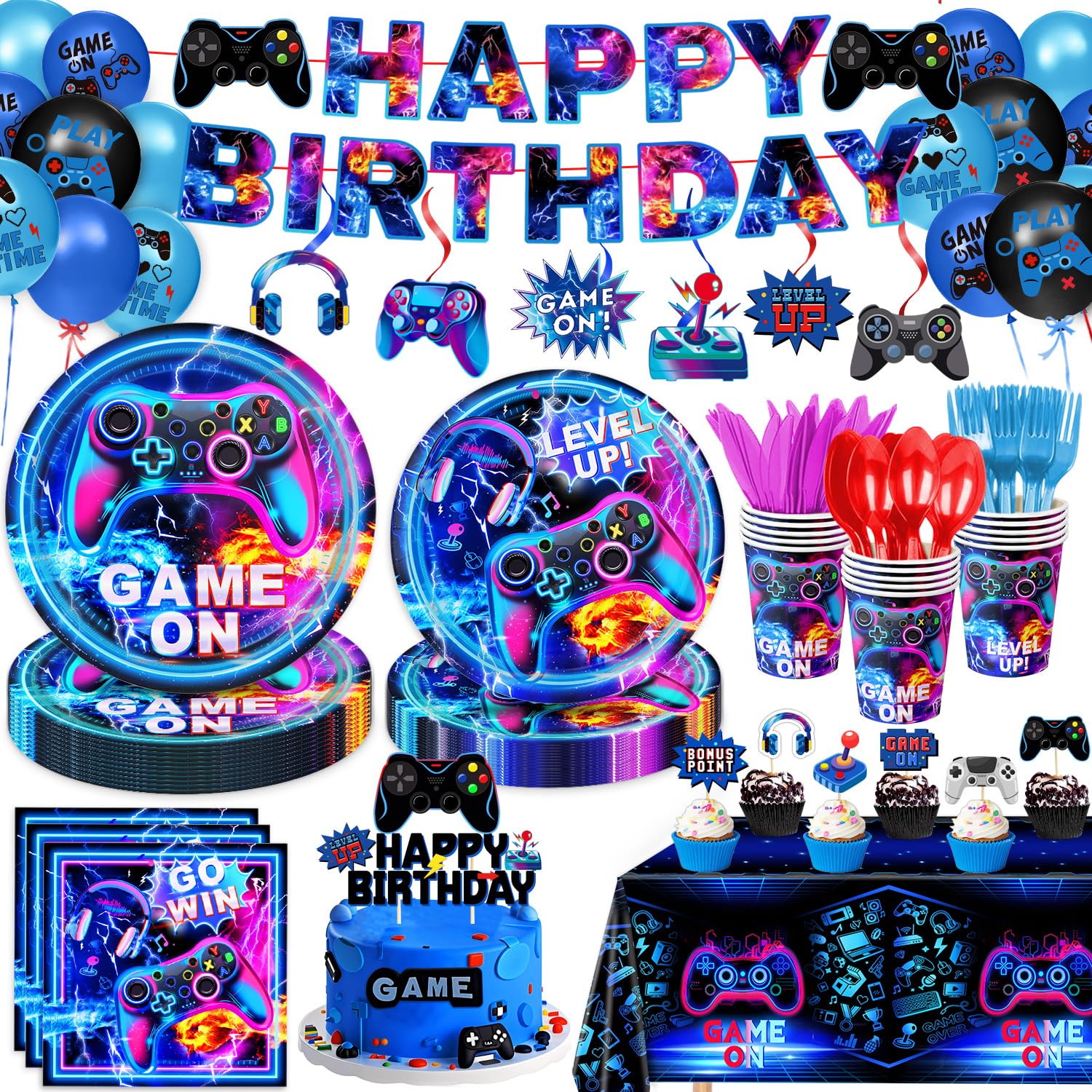 LINHAXM Video Game Birthday Decorations Includes Plates, Napkins, Cups, Cutlery, Cake & Cupcake Toppers, Banner, Hanging Swirls, Tablecloth, Balloons