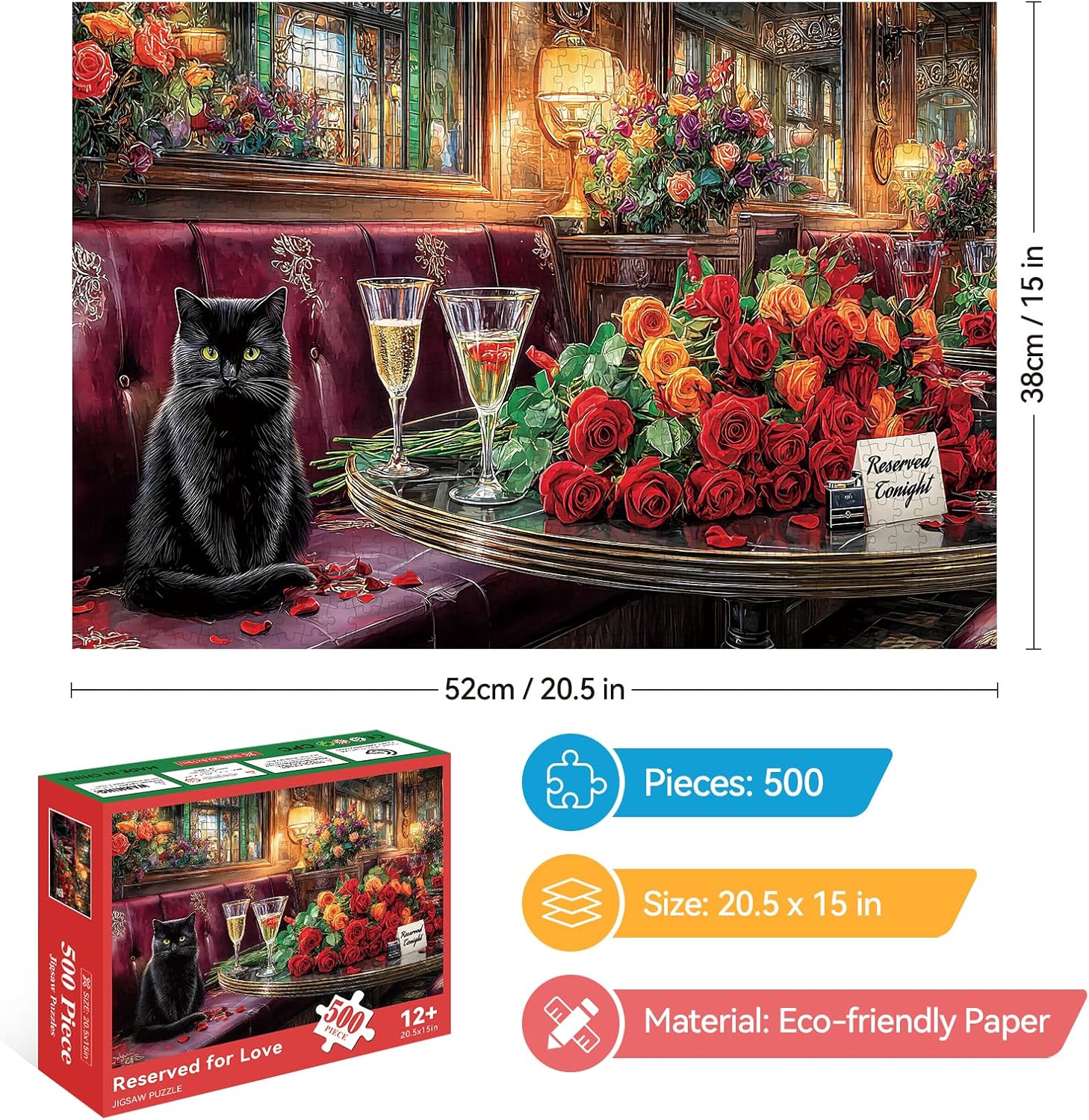 500 Piece Puzzle for Adults – Black Cat with Roses Jigsaw Puzzle, Challenging Perfect for Game Nights, 20.5 X 15 in