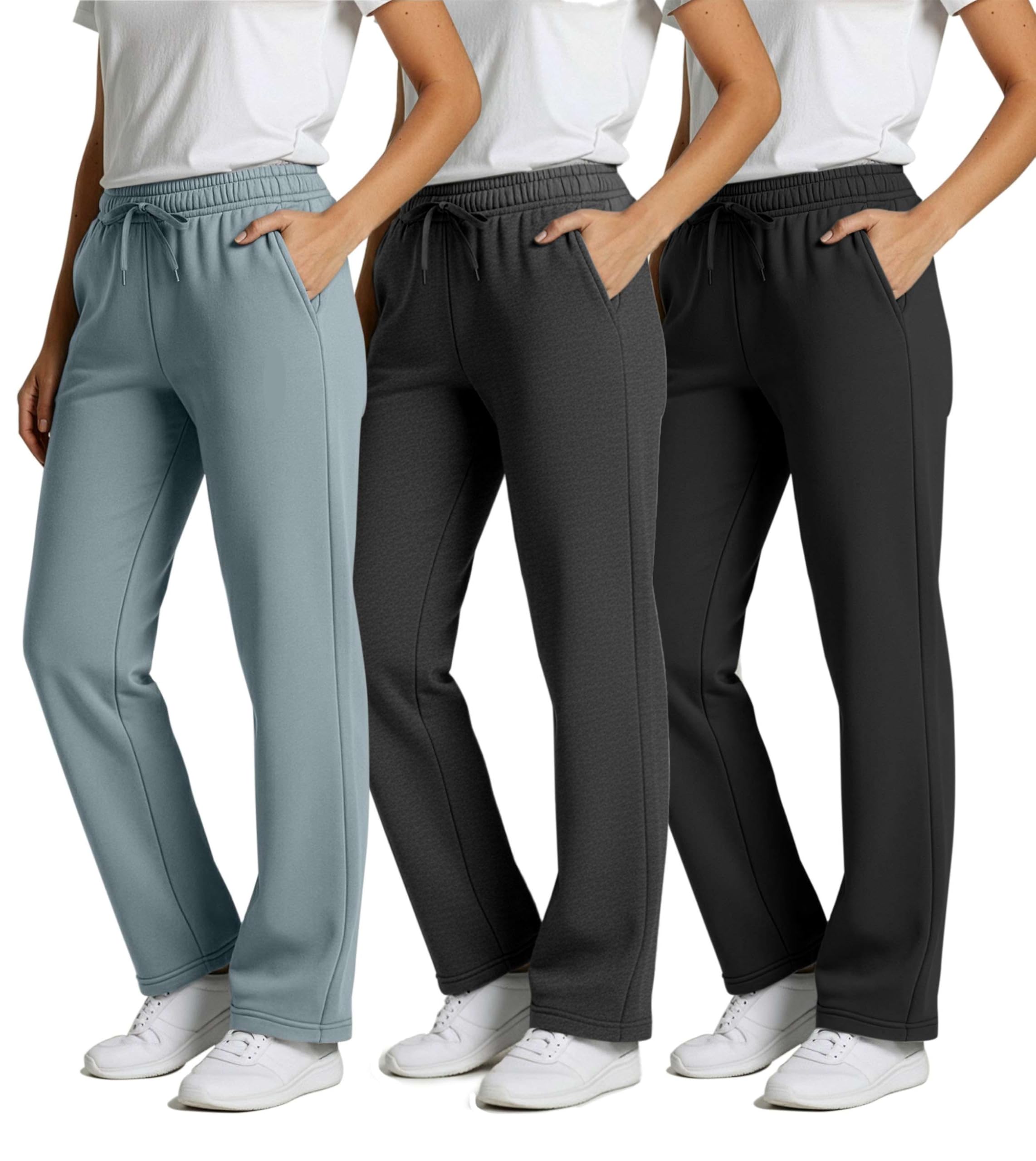 Real Essentials 3 Pack Womens Relaxed Fit Fleece Open Bottom Sweatpants - Casual Athleisure Available in Plus