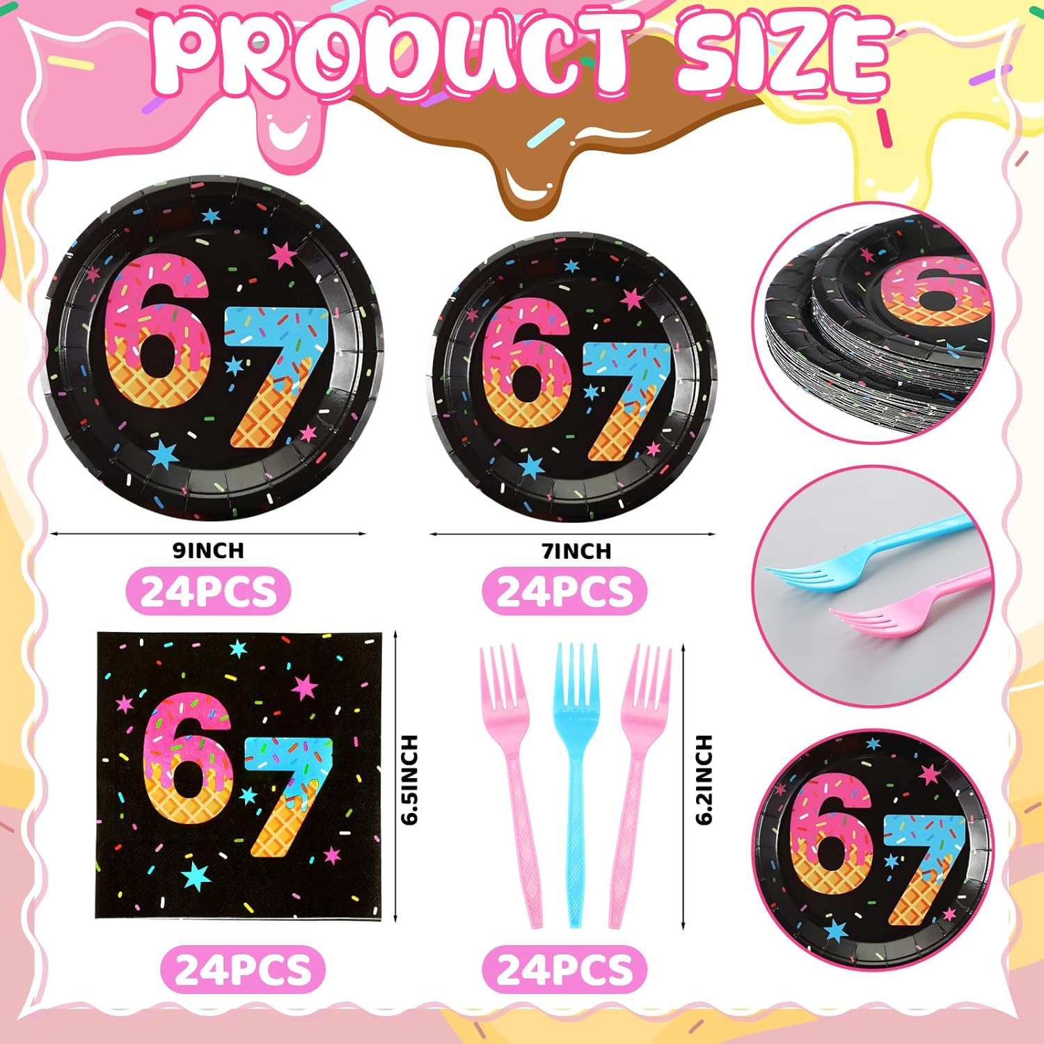 Hushee 96 Pcs 67 Ice Cream Plates and Napkins Sets 67 Meme Party Supplies Ice Cream Party Plates and Napkins Sport Decoration for Team Gift Birthday Camping Baby Shower (Blue and Pink)