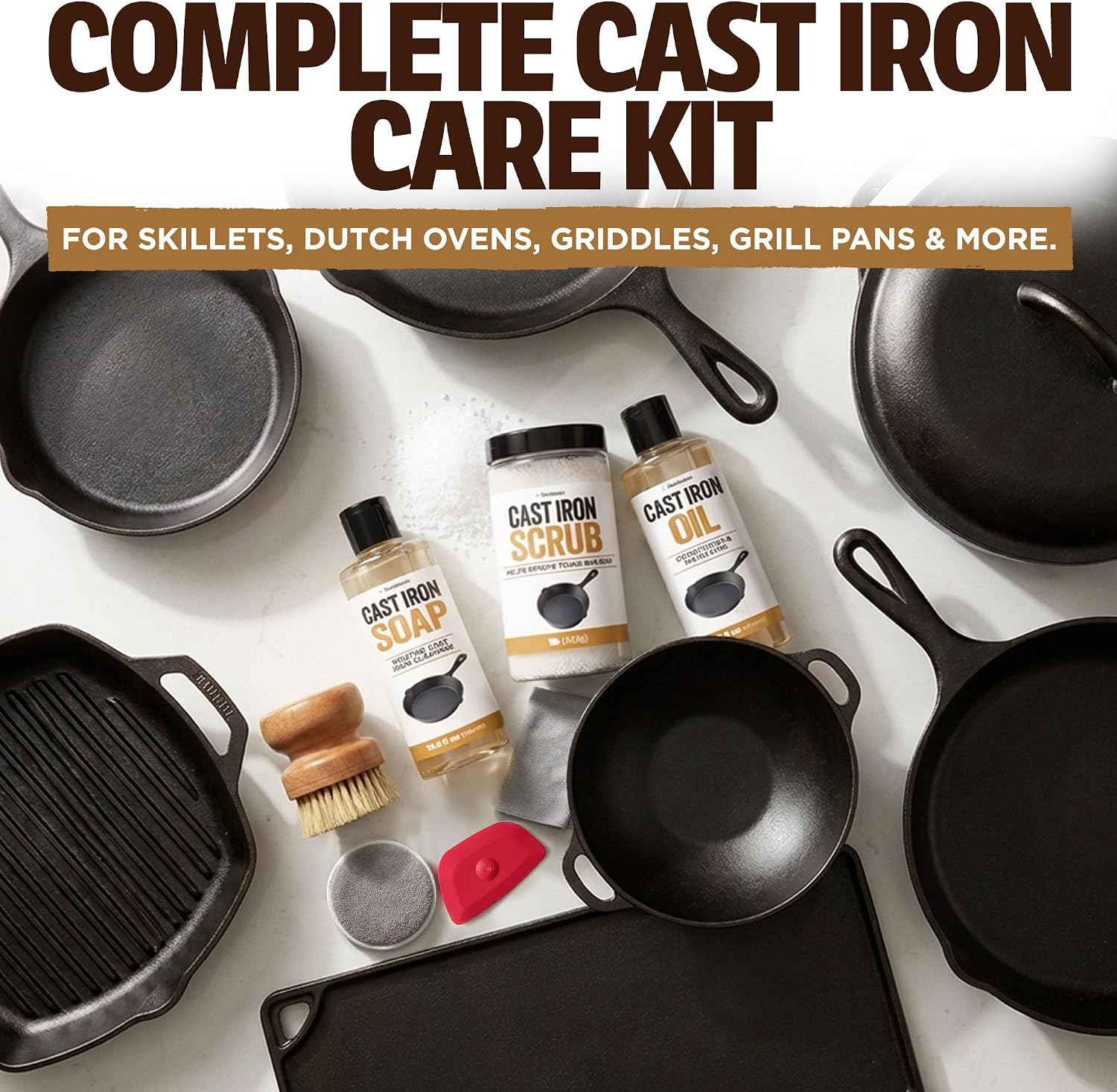 Durabasics Cast Iron Cleaner Kit with Soap, Scrub, Oil & Accessories