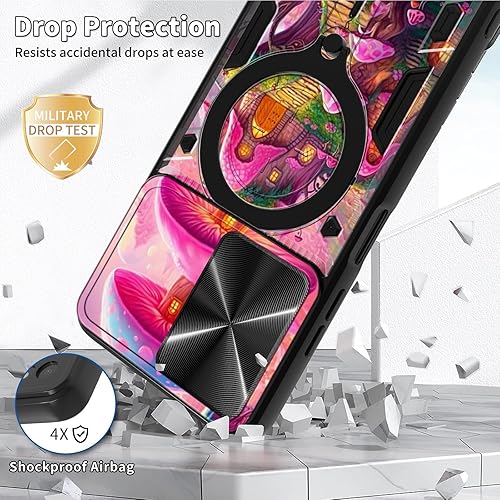 Vista 60 de Funda para Samsung Galaxy A13 5G con cubierta deslizante para lente de cámara y anillo giratorio de 360 grados, soporte híbrido de doble capa Flores