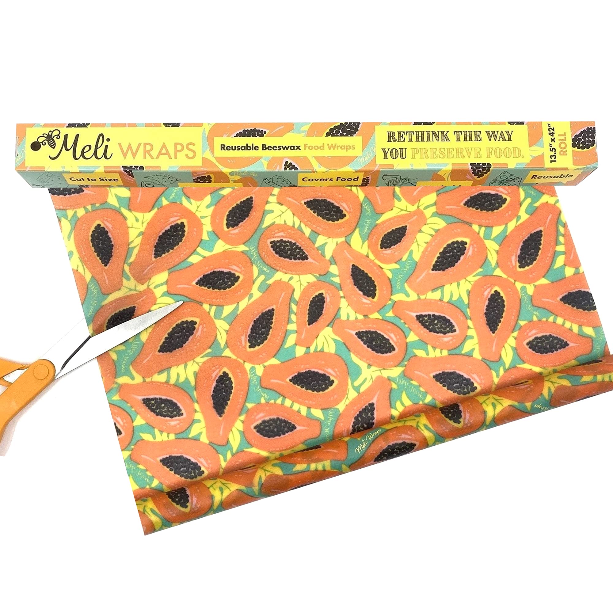 Meli Wraps - Reusable Beeswax Wrap Roll, Zero Waste Beeswax Wraps for Covering Food, Kitchen Roll for Food Storage, 13.5 x 42, Tropical Papaya