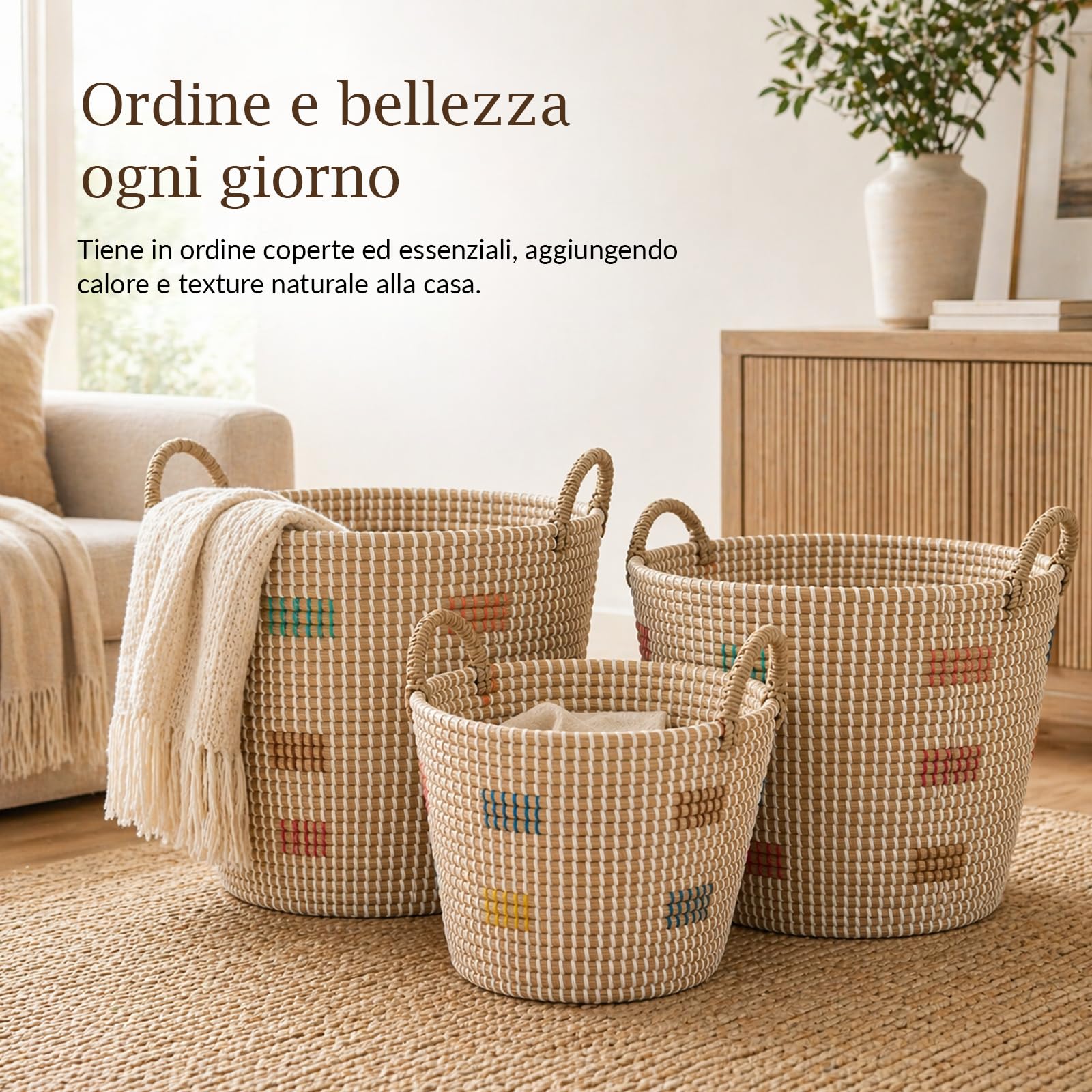 Cesti portaoggetti in seagrass set di 3, intrecciati a mano in Vietnam con manici, cesto portabiancheria boho 45L/29L/20L per soggiorno, bagno, camera e cameretta