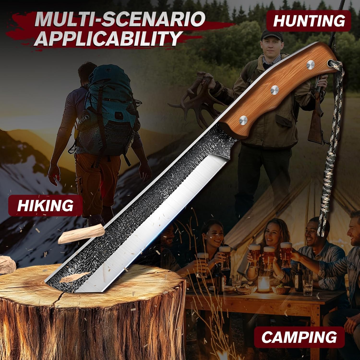 MDHAND Japanese Machete Knife with Ergonomic Full Tang Handle and Wood-Leather Sheath, Heavy Duty High Carbon Steel Machete Knife for Bushcraft, Survival, Outdoor Hunting and Camping, Gifts for Men
