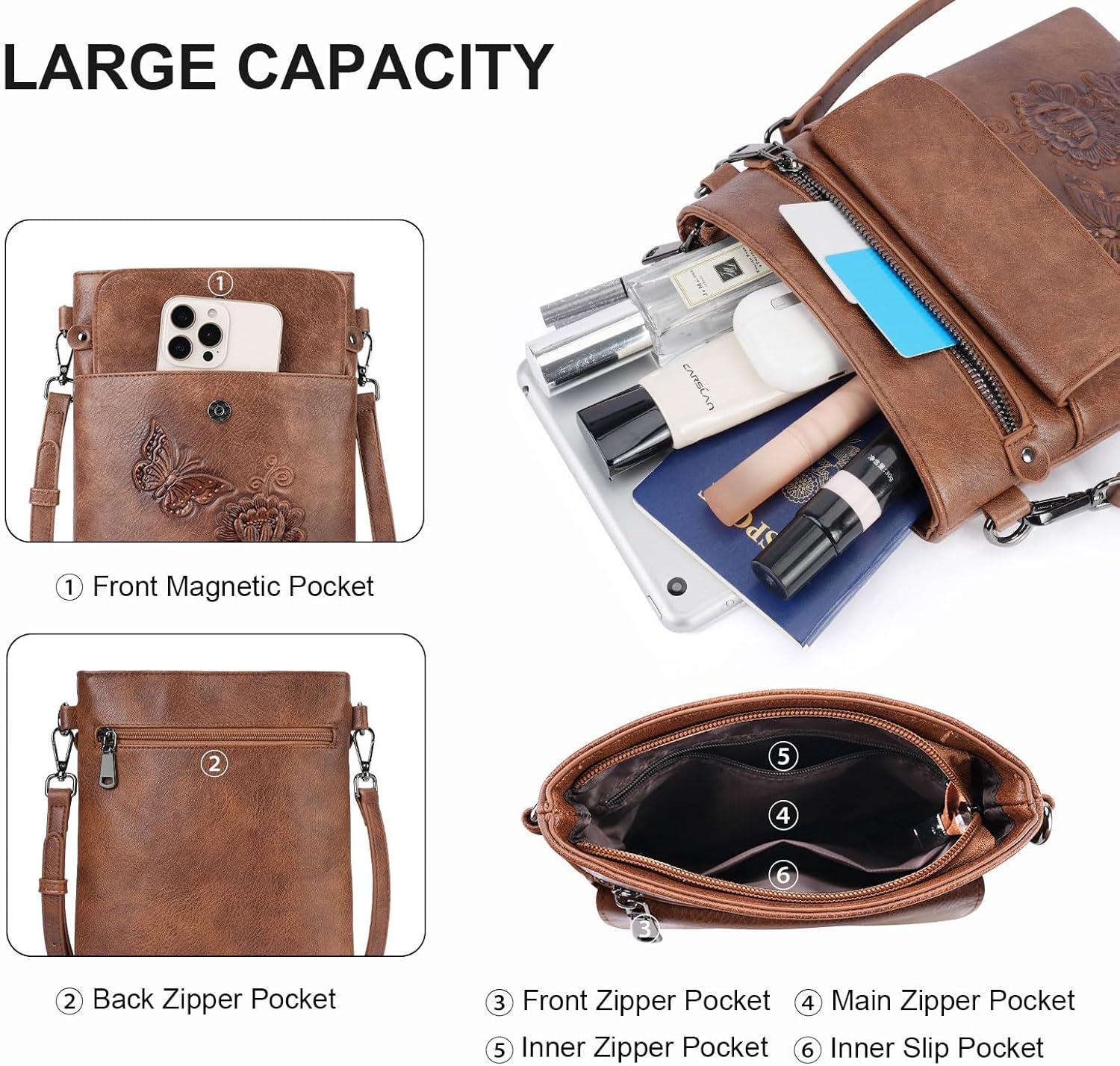 Small Crossbody Purse for Women, Vegan Leather Multi Pocket Bag with Adjustable Strap Embossed Travel Shoulder Bag - Image 4