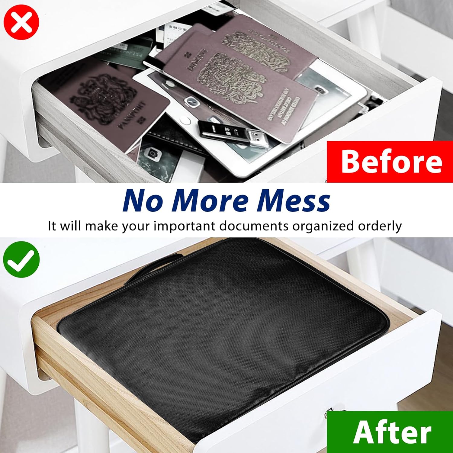 Heat Insulated File Organizer, Document Organizer with Lock, Home Travel Fireproof Safe Box, Portable Safe for Important Documents Certificates Laptop Passports Storage, Black