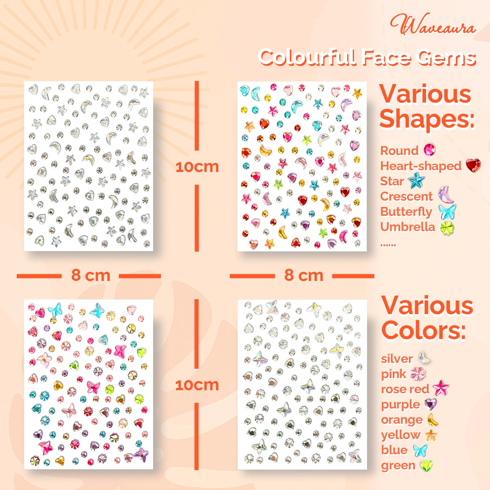 Waveaura Face Gems 4 Sheets Glitter Temporary Tattoos Stickers Mixed Shape Heart Star Crescent Butterfly Umbrella Colorful & Crystal Festival Rave Accessories Jewels for Women Party Body Nail Art DIY - Image 2