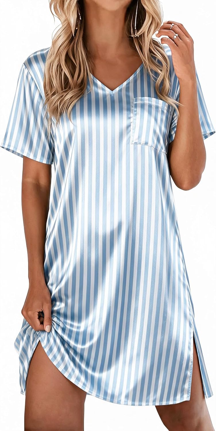 Ekouaer Women's Satin Nightgowns V Neck Sleepshirt Short Sleeve Nightshirts