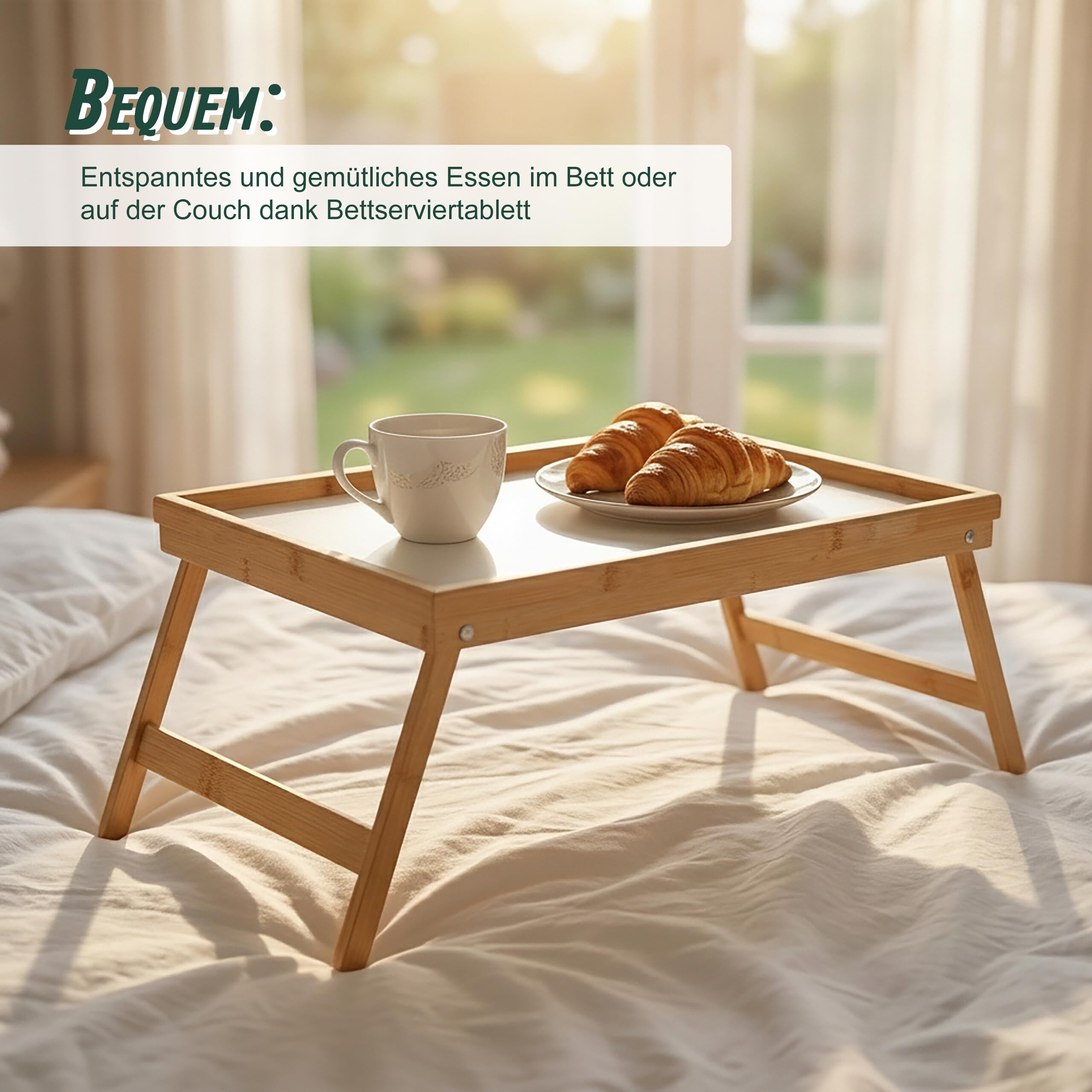 Relaxdays Betttablett Bambus, faltbar, Serviertablett für Frühstück im Bett mit klappbaren Beinen als Tabletttisch und Sofatisch Beistelltisch mit Tablett aus Kunststoff, natur, 10013869, Braun, Bett Tablett Weiß-Bambus