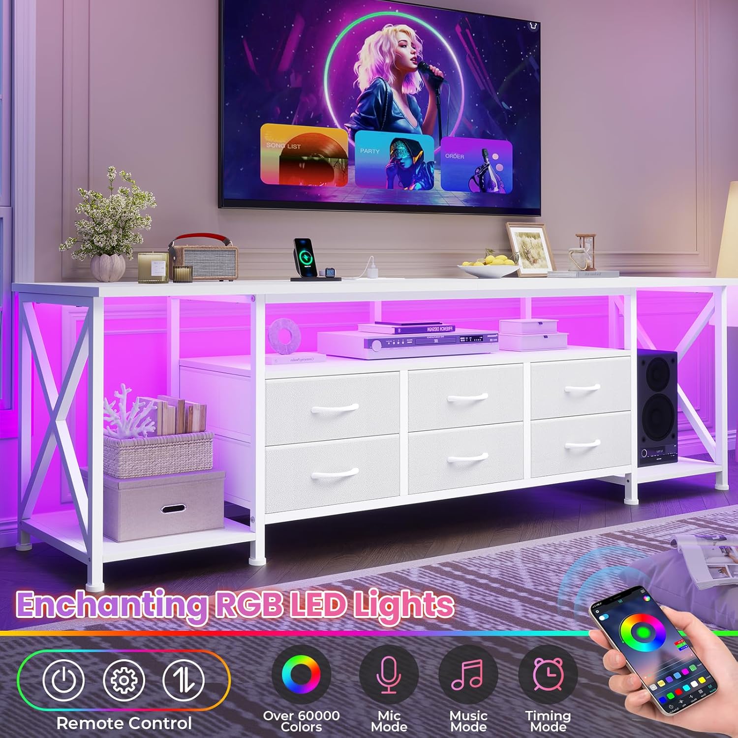 BTHFST TV Stand with LED Lights & Power Outlets, 6 Fabric Drawers Entertainment Center with Open Storage Shelves, 63" TV Media Console Table for Living Room, Bedroom, White