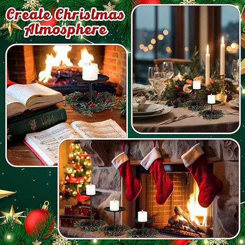 Miniatura 6 de Baderke 3 portavelas de metal de Navidad con corona artificial de 2.76 pulgadas, 3.94 pulgadas, 5.91 pulgadas, pilar negro, decoración de chimenea,