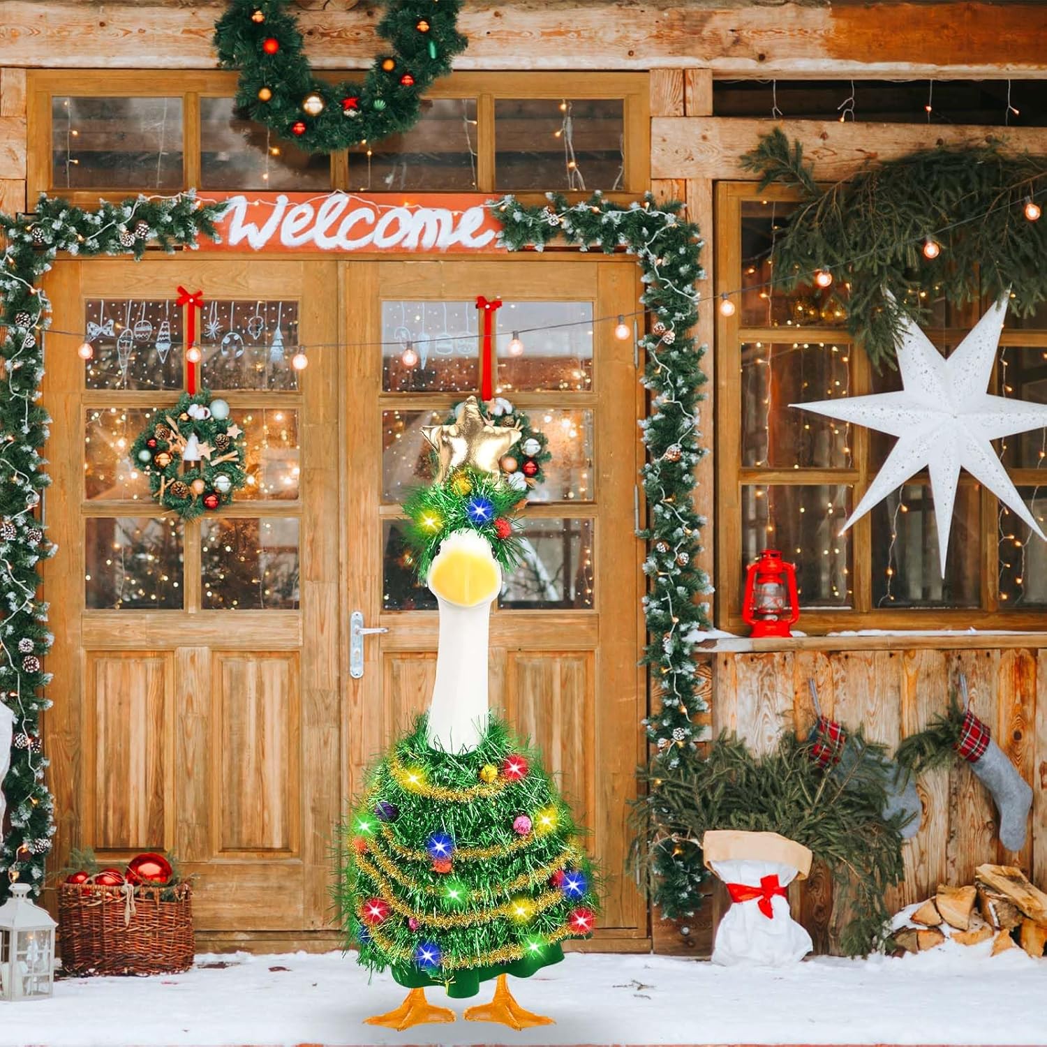 JcHrmers Christmas Porch Goose Outfits Christmas Tree Lawn Goose Clothes Fits 23" Cement Plastic Goose Statue for Xmas Outdoor Garden Yard Patio Statue Art Decoration