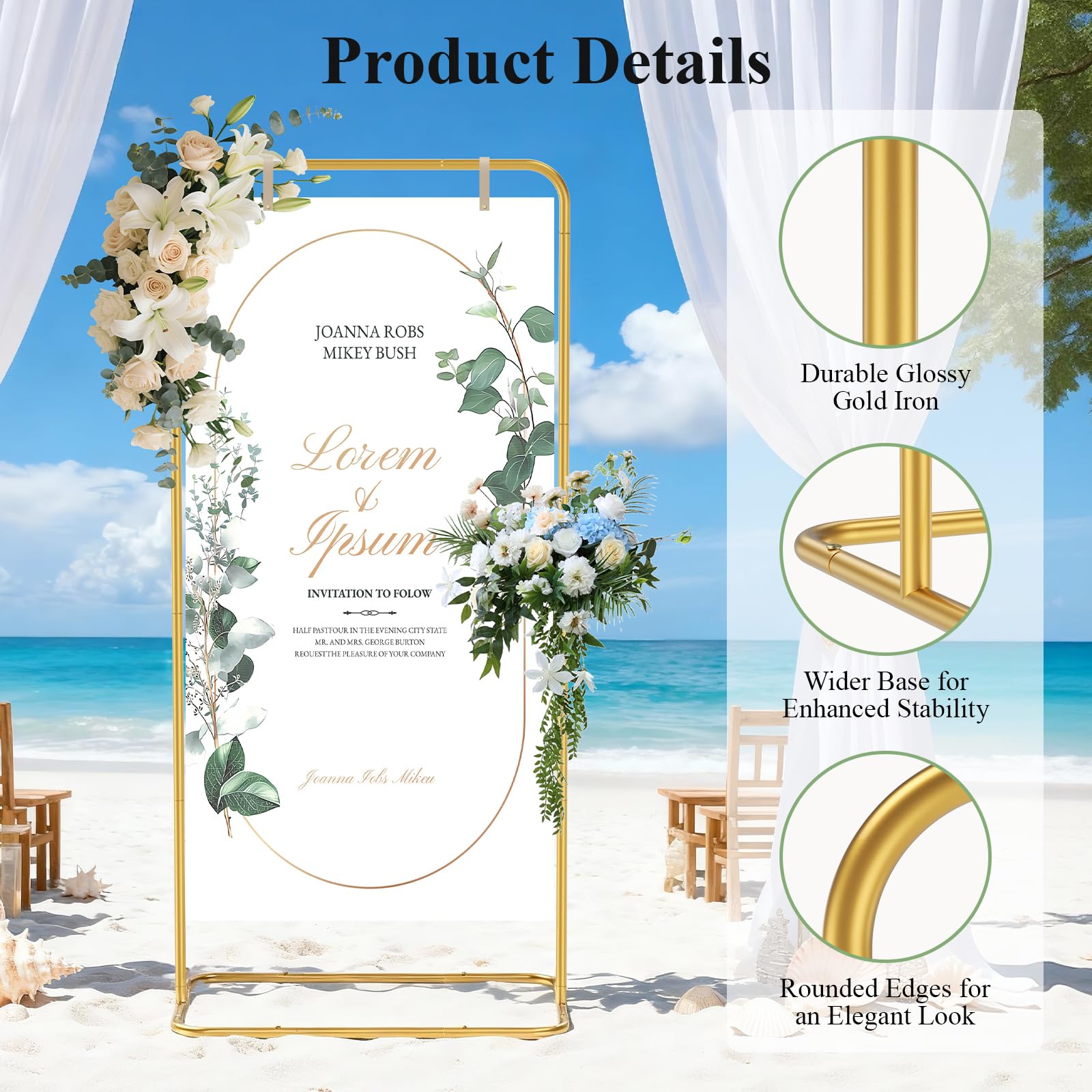 Chevalet Mariage Réglable 1.7M, Support de Panneau Bienvenue de Mariage avec 2 Sacs d'Eau en Forme de U et 6 Sangles en Cuir, pour Mariages, Anniversaires et Fêtes