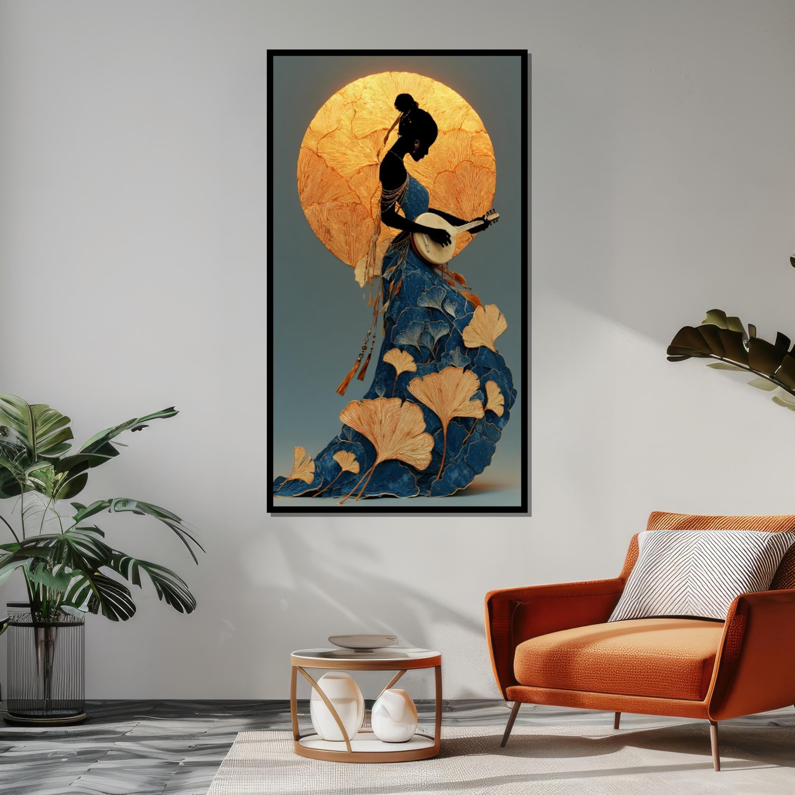 TONGYINLI Elegancki muzyk płótno plakaty i druki kobieta banjo złota aura sztuka ścienna do salonu dekoracja domu (45 x 80 cm / rama wewnętrzna)