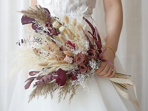 Miniatura 6 de Ramo de boda de hierba de pampa blanca y roja borgoña, ramo de novia secaboda de flores secas, novias bohemias rústicas, ramo de dama de honor,
