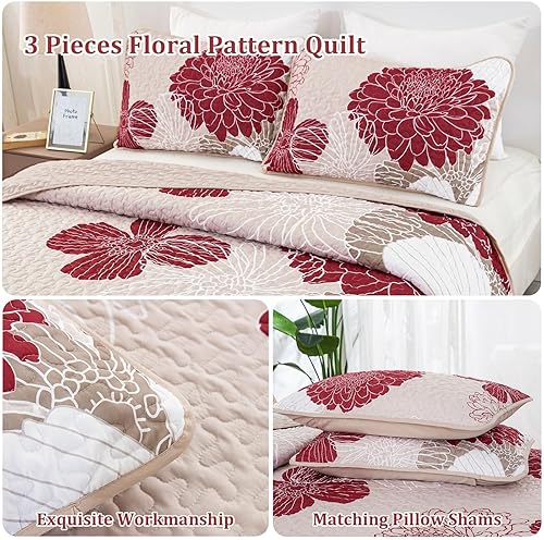 Miniatura 3 de Juego de edredón floral rojo tamaño Queen 3 piezas con patrón de flores rojas, juego de ropa de cama reversible de microfibra ligera burdeos con 2