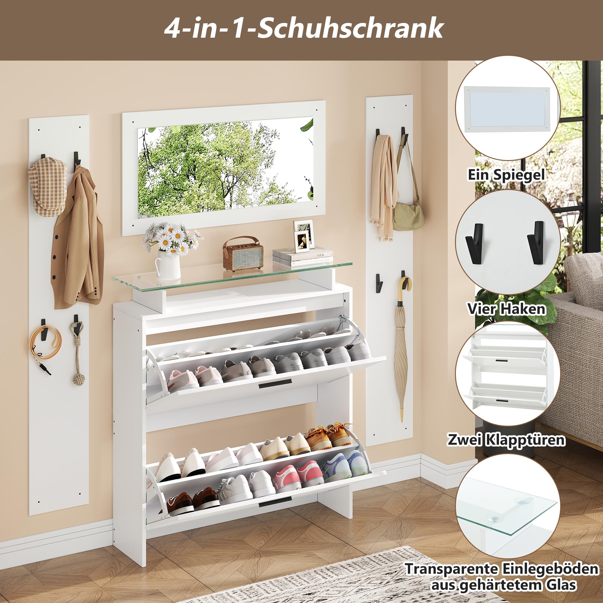 Merax Garderoben-Set 4-teilig, Flur Garderoben Komplettprogramme mit 1 Schuhschrank, 1 Wandspiegel, 2 Garderobenpaneele, Stylishe Wandgarderobe mit Haken, Flurmöbel aus Holz, Ideal für Eingang, Weiß