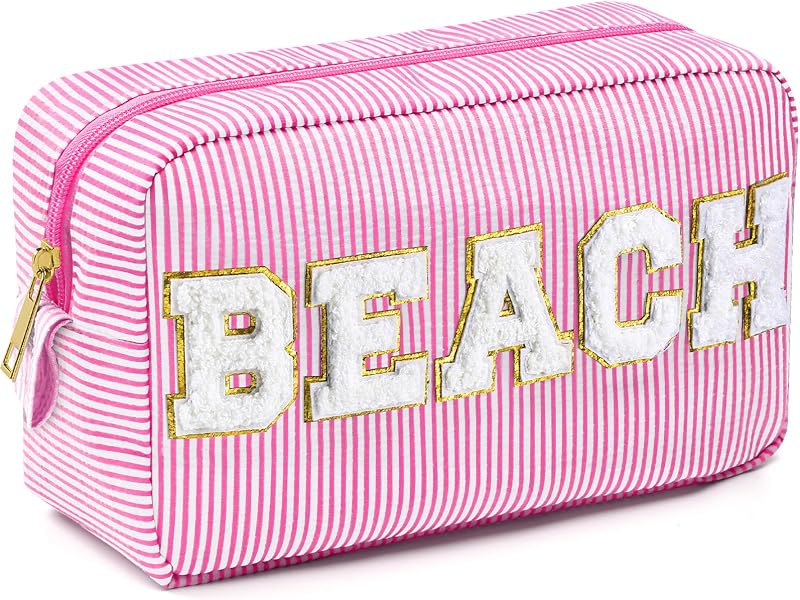 Necessaire Sanwuta em tecido seersucker listrado com zíper, modelo Beach, Rose Pink