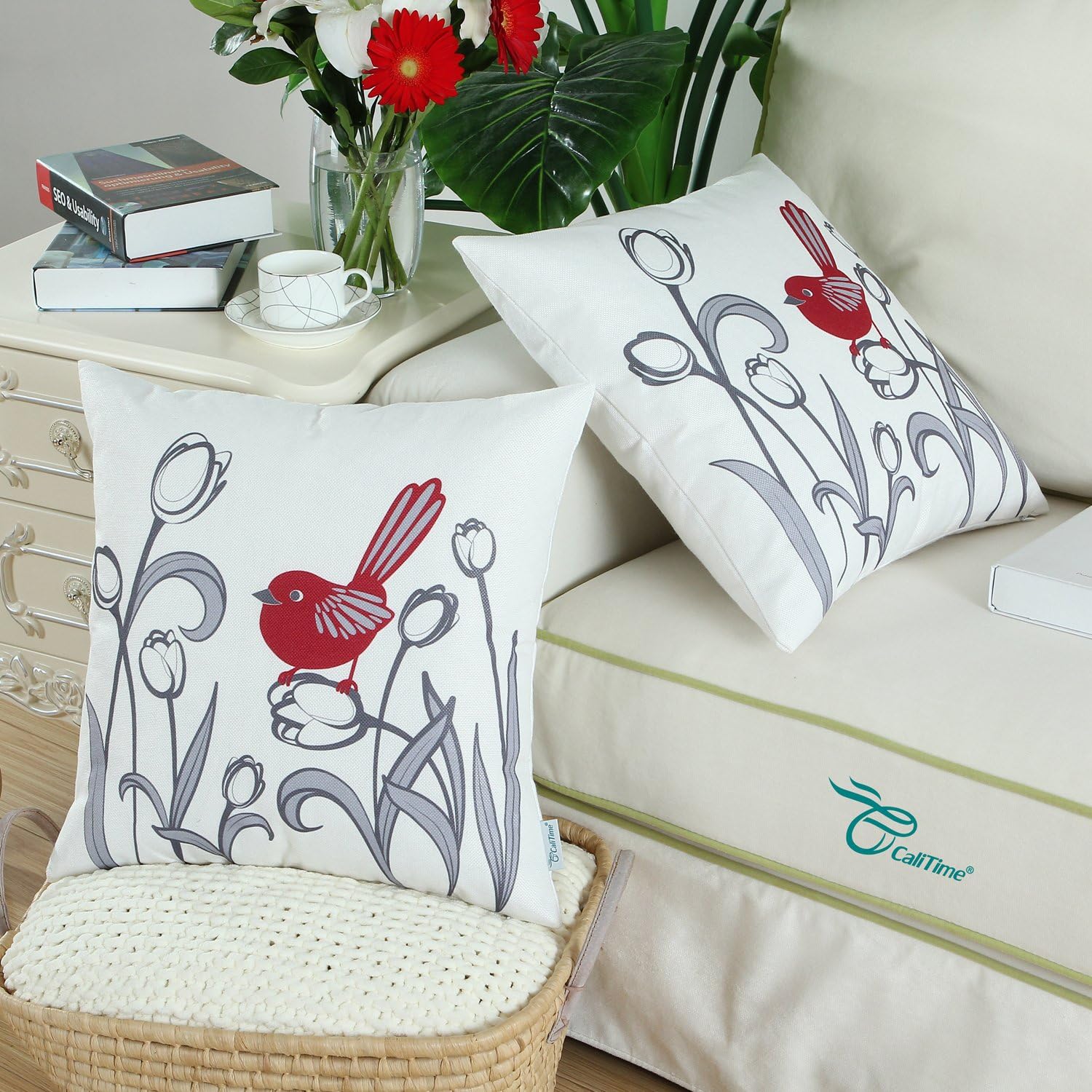 CaliTime Pack of 2 Soft Canvas Throw Pillow Covers Cases for Girls Couch Sofa Hand Drawing Cute Bird with Gray Sweet Tulip Floral Print 18 X 18 Inches Dark Red