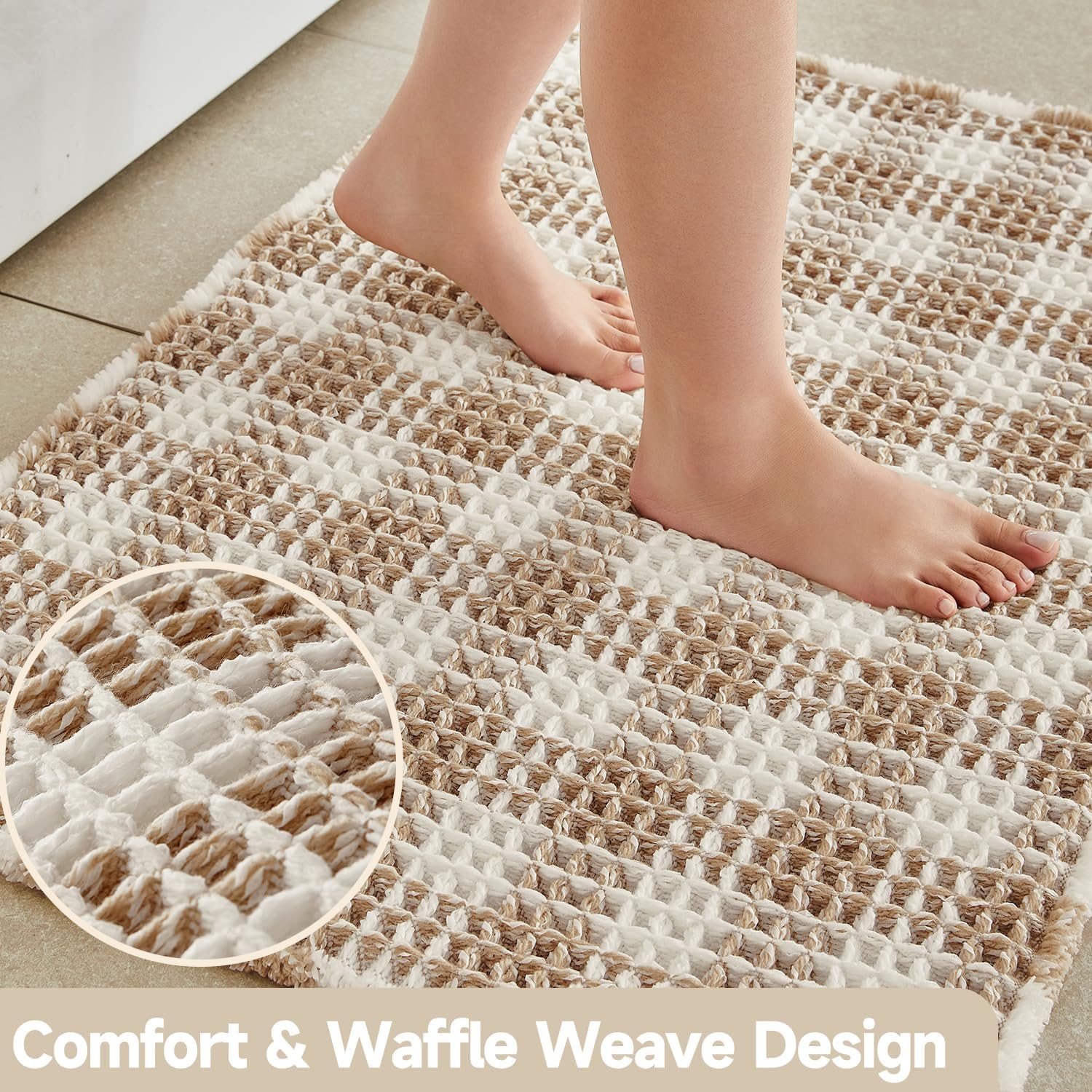 TYUU Waffle Bath Mat, Boho Bathroom Rugs Non Slip Washable Absorbent Checkered Bathroom Mat Quick Dry Farmhouse Bathroom Decor, 30"x20" Khaki and White