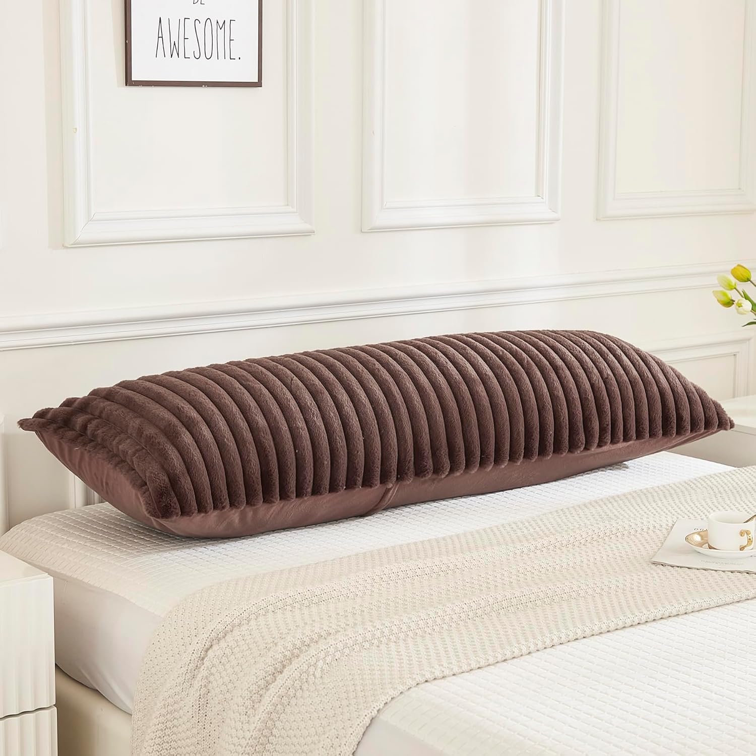 JAUXIO Faux Fur Fluffy Body Pillow Cover Luxury Textured Vertical Stripe Plush Decorative Body Pillowcase, Ultra Soft and Cozy Zipper Closure 21 x 54 Inches, Brown