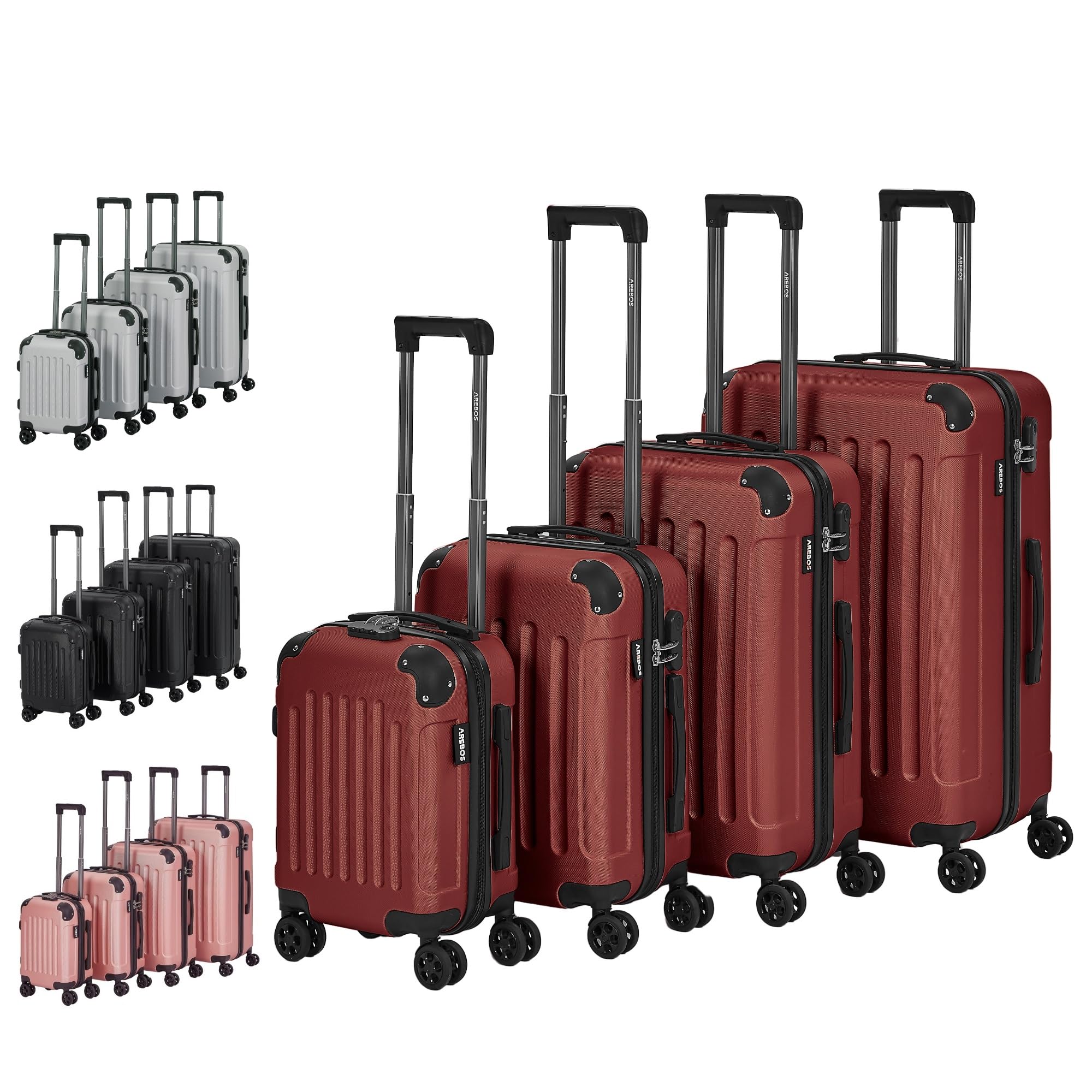 AREBOS Lot de 4 valises de Voyage I Coque Rigide en ABS I Set de valises à roulettes I Poignée télescopique I avec Fermeture éclair Roues à 360° I S-M-L-XL | Rouge