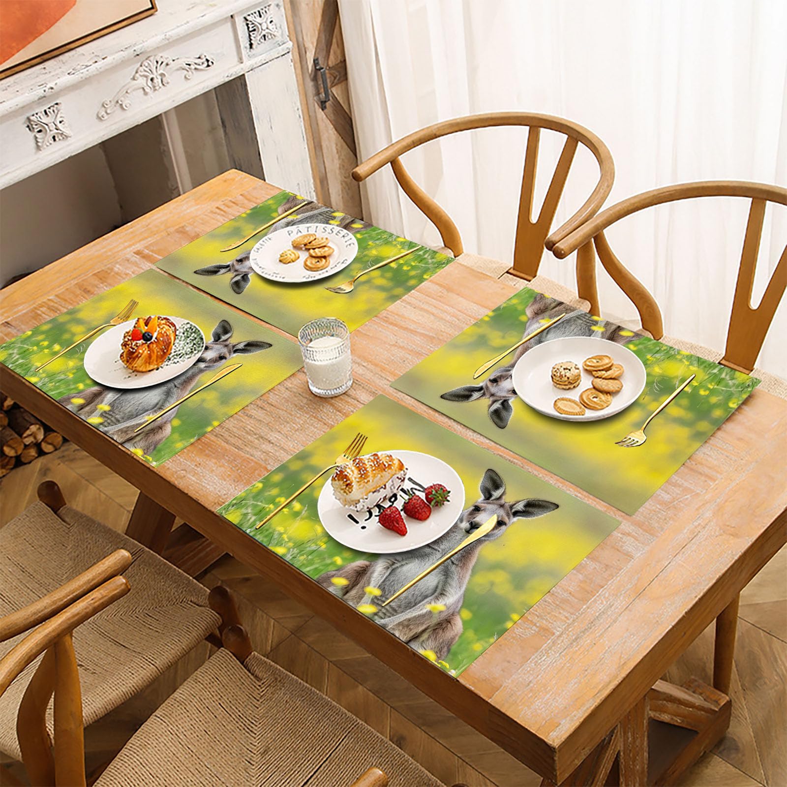 Set di 8 Colazione Stoffa 30x45cm, Fiori Gialli Di Colza Cotone e lino Tovagliette Americane Lavabili, Tovagliette Campagna Canguri per Primavera Vacanze Cucina Feste, Pasqua