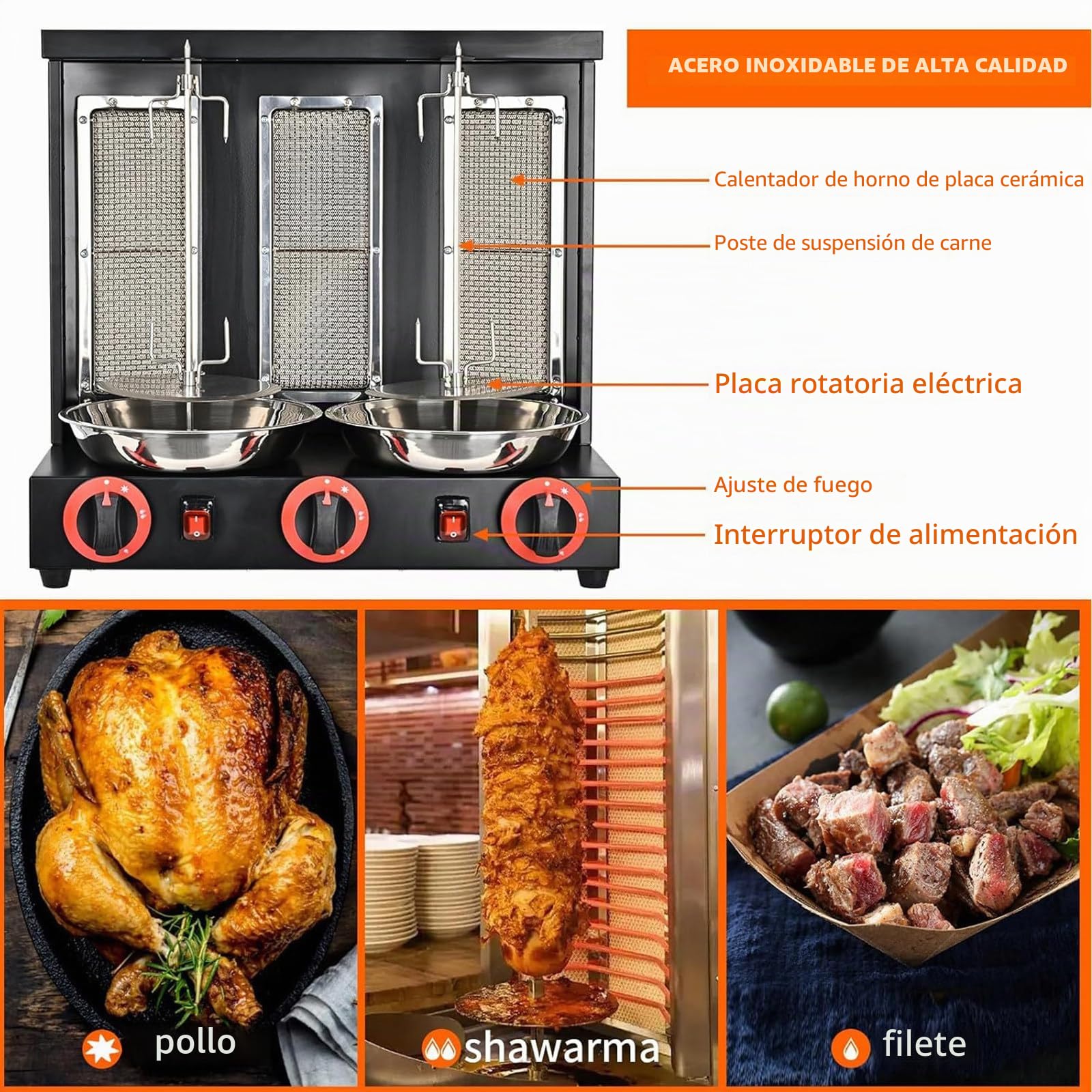 Máquina Kebab Doner Parrilla Comercial, Máquina Parrilla Gas Vertical, Limpieza Extraíble Acero Inoxidable, Potencia Fuego Ajustable, para Pavo Asado, Taco Asado Y Pollo Frito,Silver